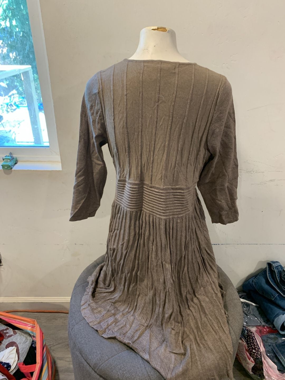 Studio M Sweater Dress Size XL Brown V-Neck Pleated Knit Tunic Mini Dress 4