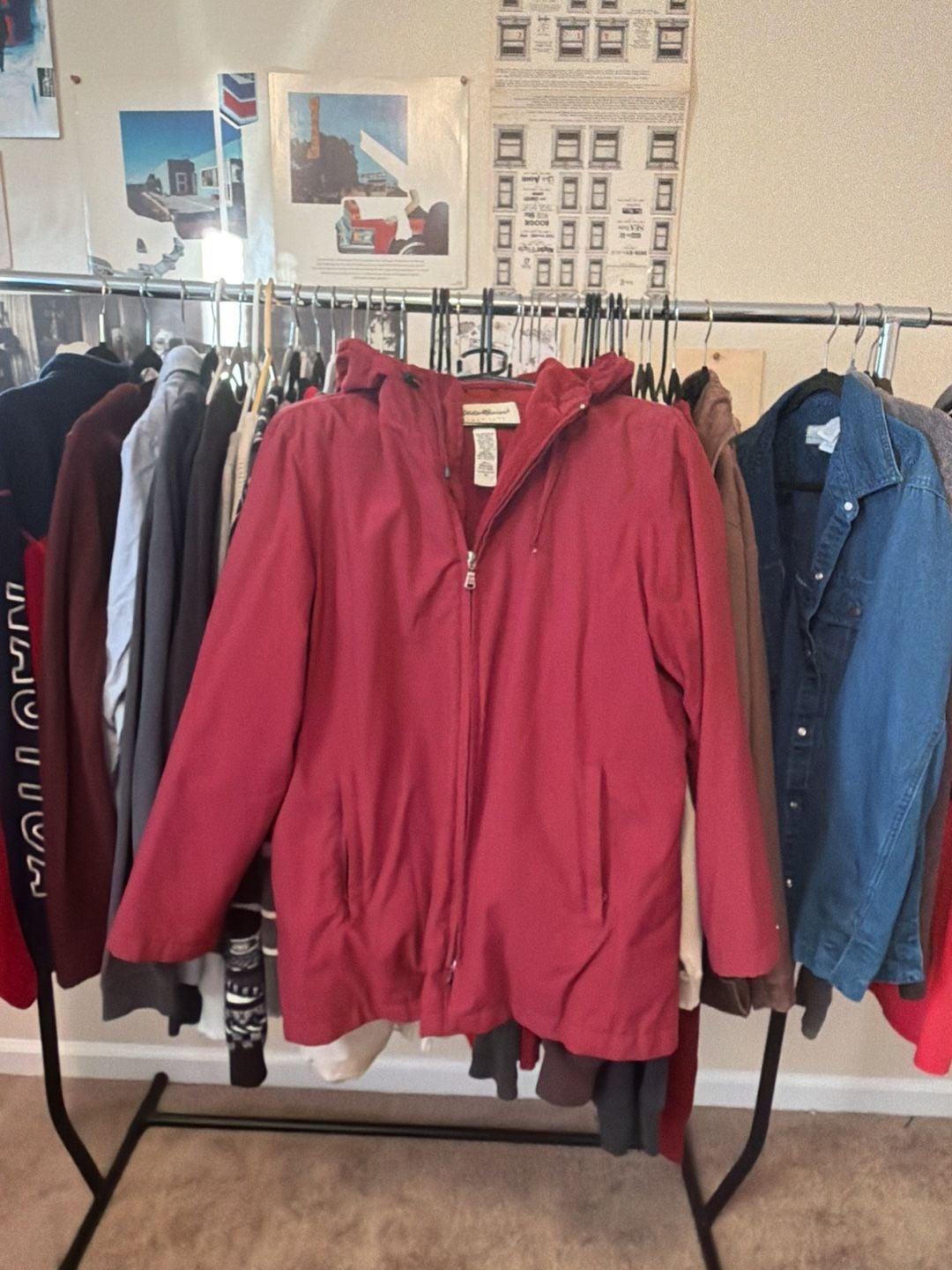 Eddie Bauer Hooded Rain Jacket Size M Red Nylon Fleece Lined 2