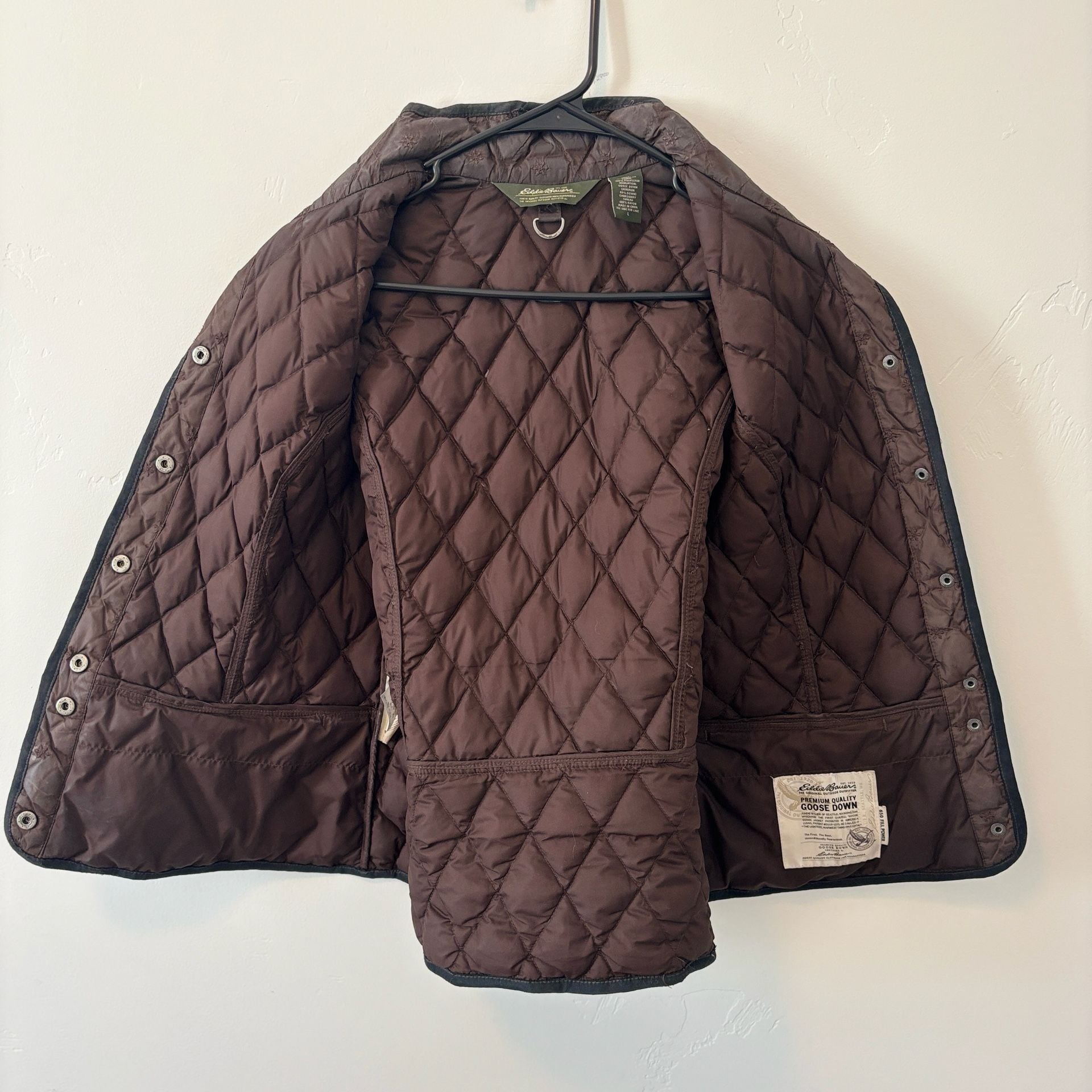 Eddie Bauer Quilted Goose Down Vest Size L Brown Embroidered 6