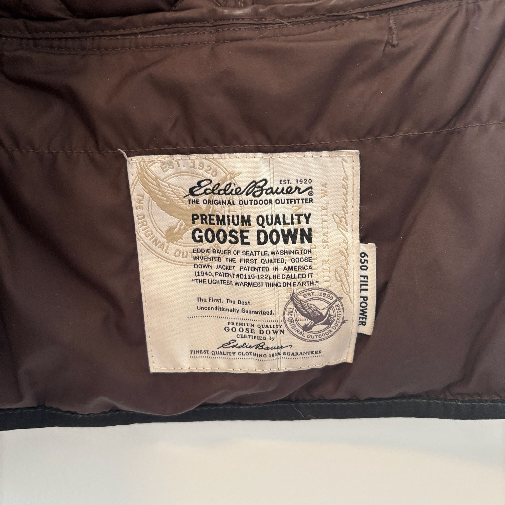 Eddie Bauer Quilted Goose Down Vest Size L Brown Embroidered 7