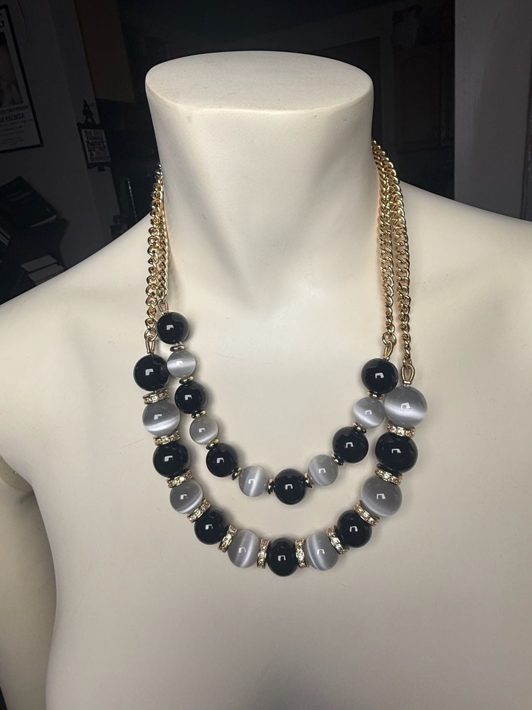 Talbots Double Strand Beaded Necklace Black Gray Gold Tone 2