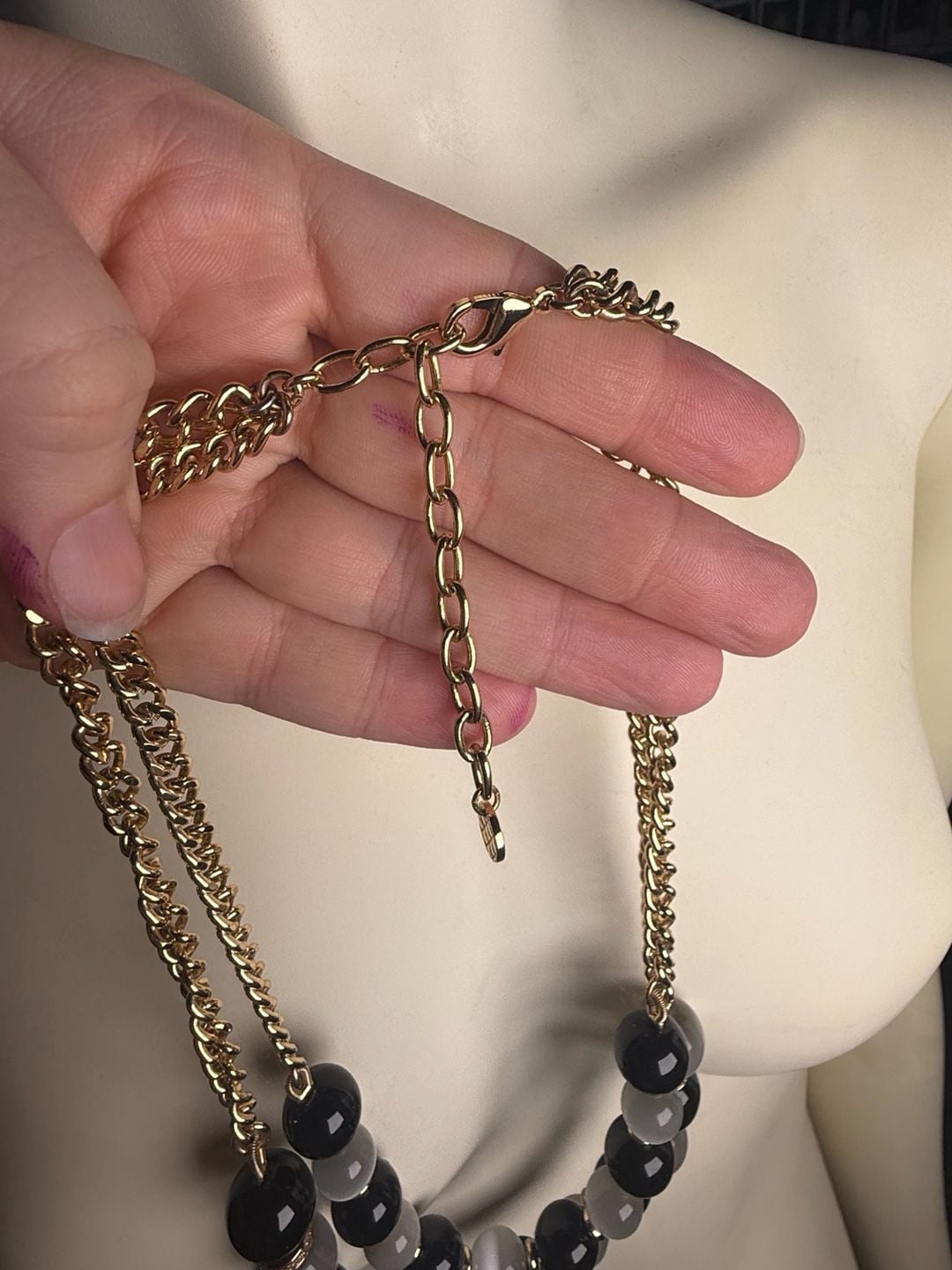 Talbots Double Strand Beaded Necklace Black Gray Gold Tone 4