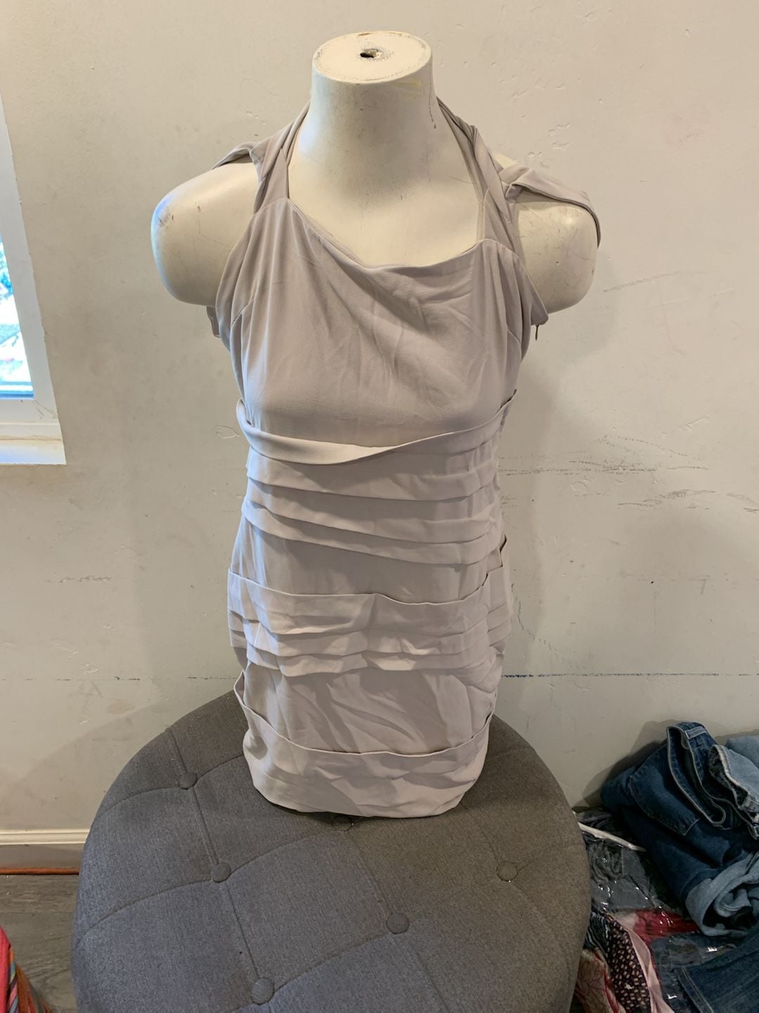 Nikibiki Ruched Halter Dress Size L Beige Sleeveless Mini Bodycon Party 2