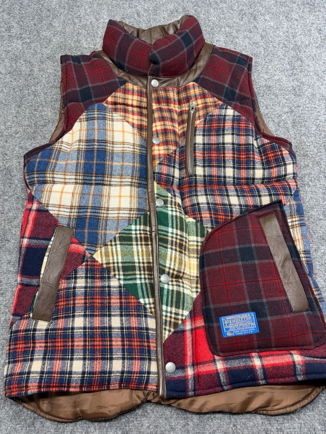Pendleton-Wool Rare Patchwork Quilted Snap Unisex Vest Wool Zip Multicolor Med 6