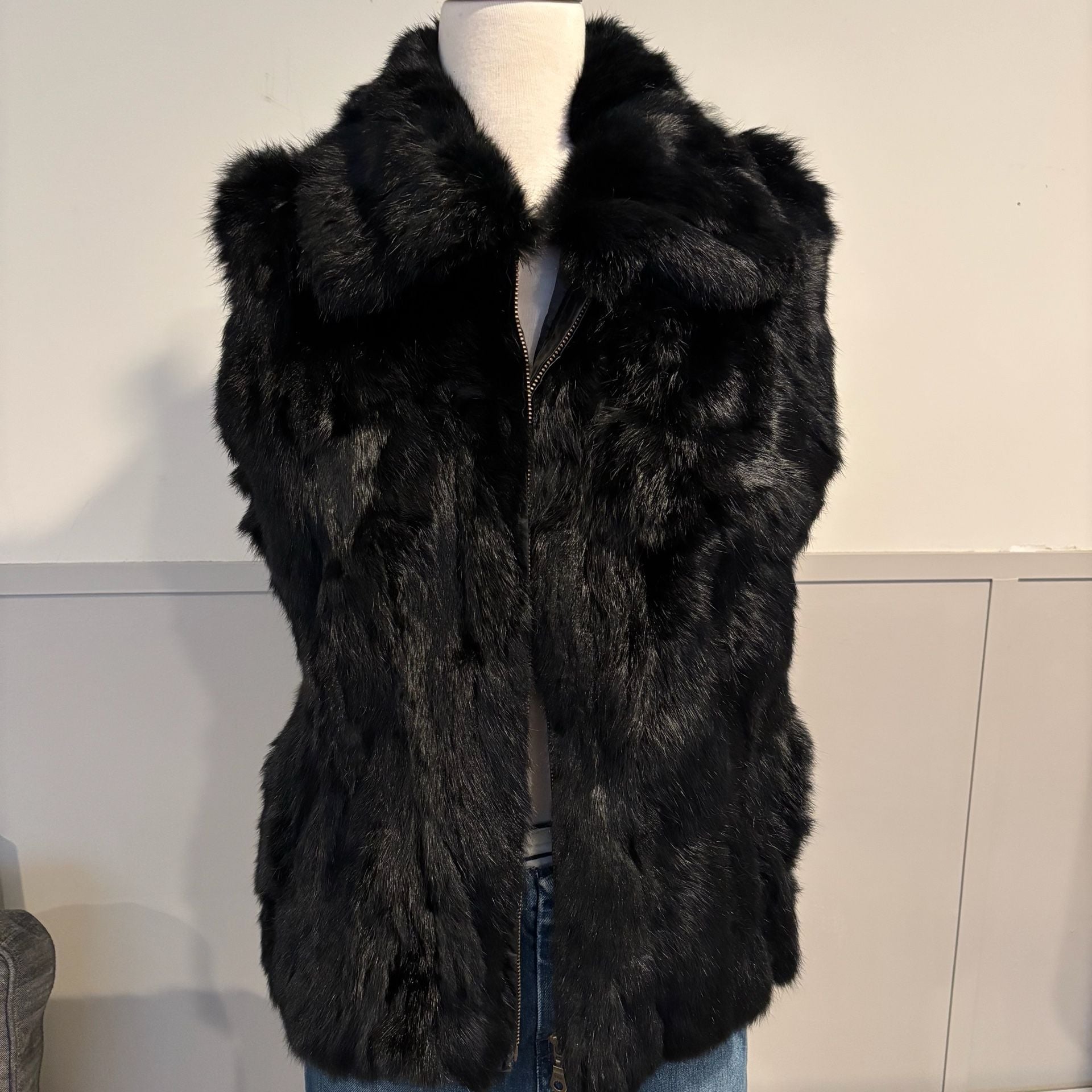 Surell Real Fur Vest Size S/M Black Rabbit Zip Up Collar 2