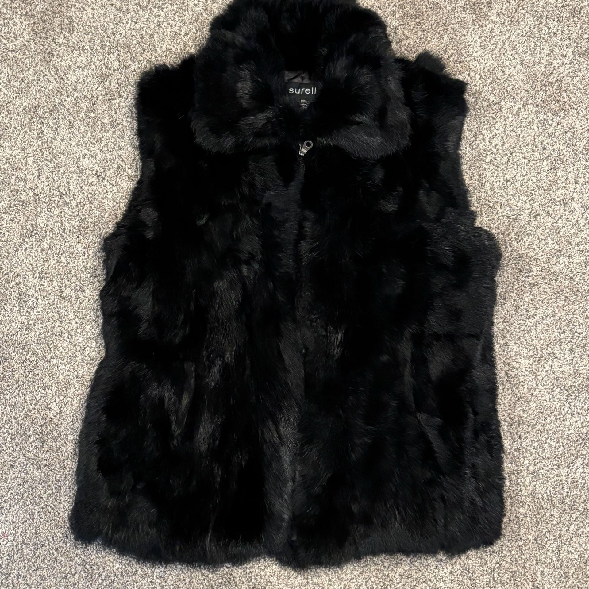 Surell Real Fur Vest Size S/M Black Rabbit Zip Up Collar 3