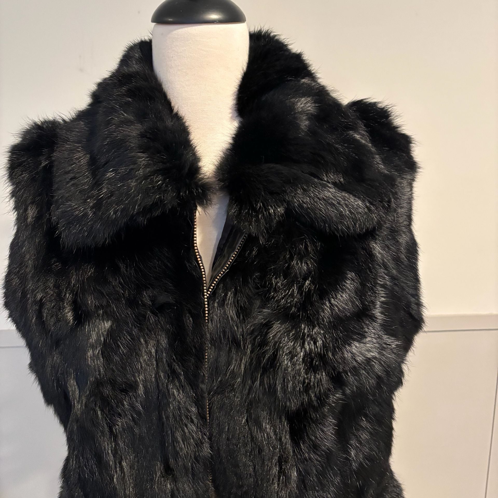 Surell Real Fur Vest Size S/M Black Rabbit Zip Up Collar 6