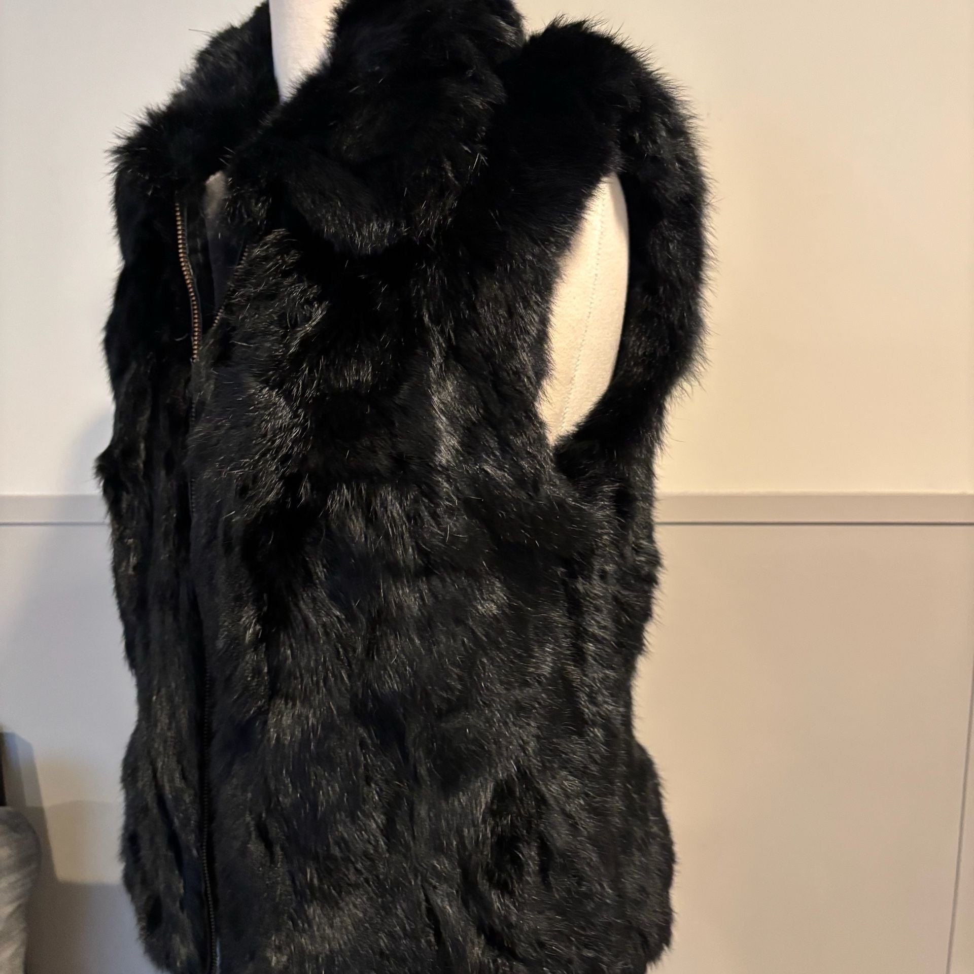 Surell Real Fur Vest Size S/M Black Rabbit Zip Up Collar 10