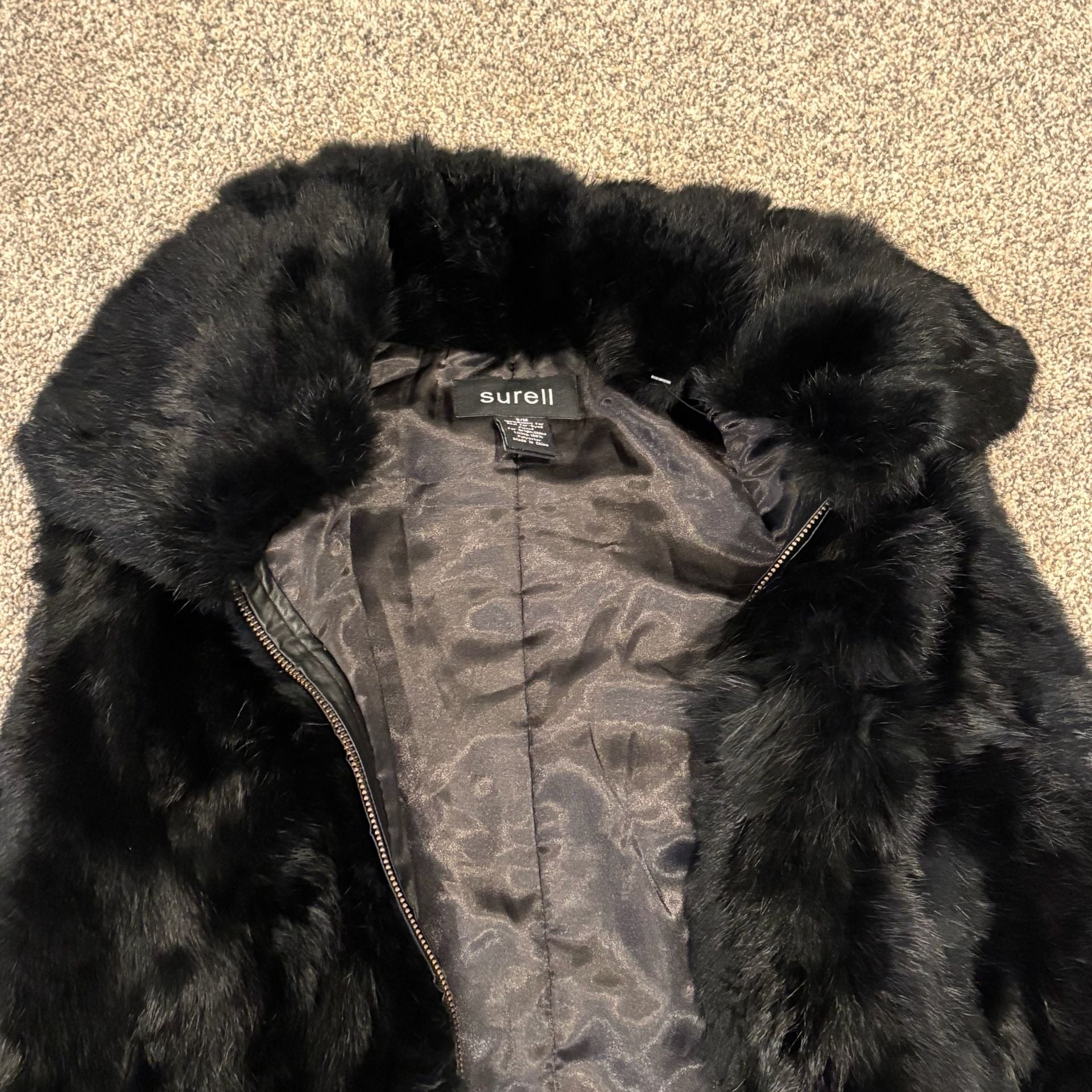Surell Real Fur Vest Size S/M Black Rabbit Zip Up Collar 12