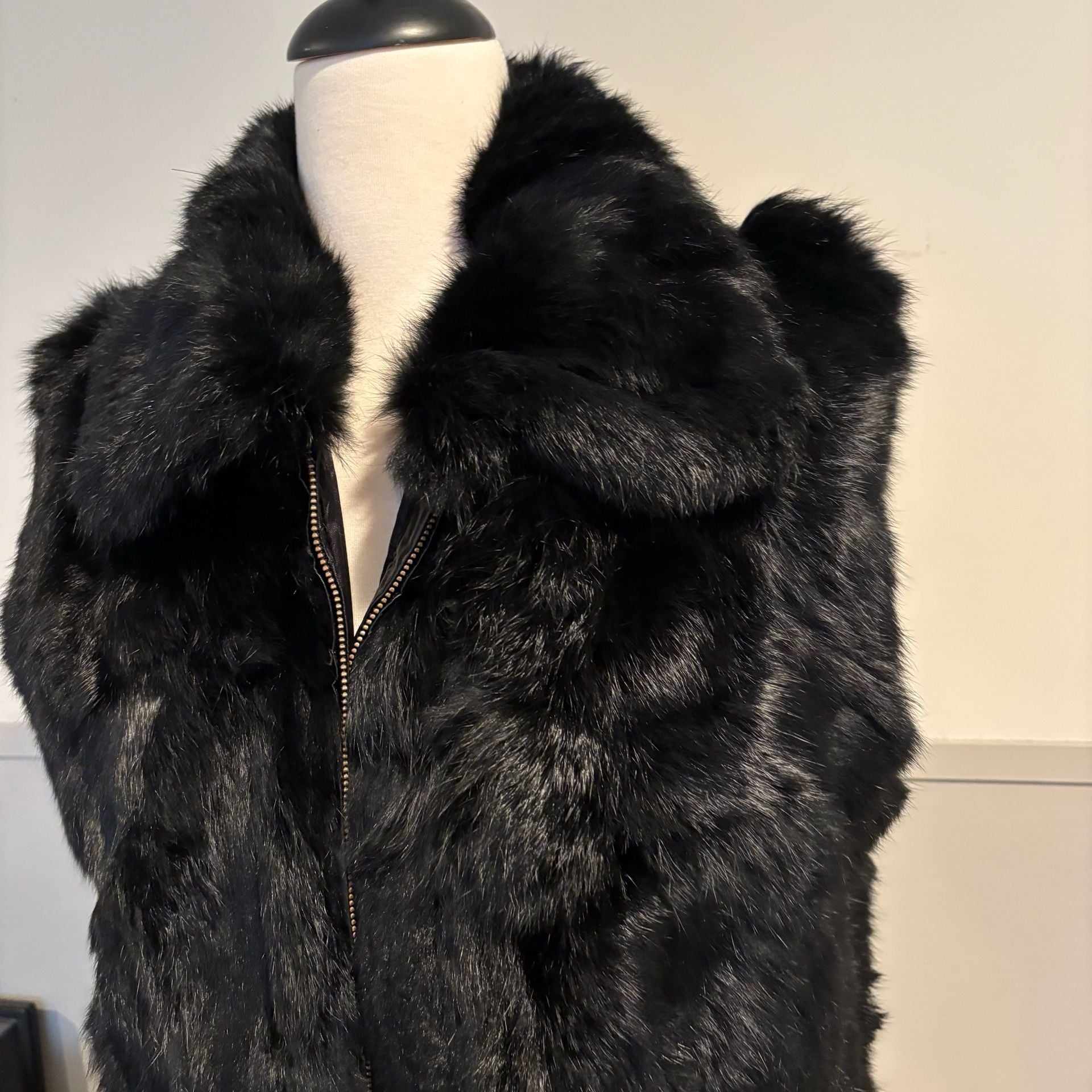 Surell Real Fur Vest Size S/M Black Rabbit Zip Up Collar 13