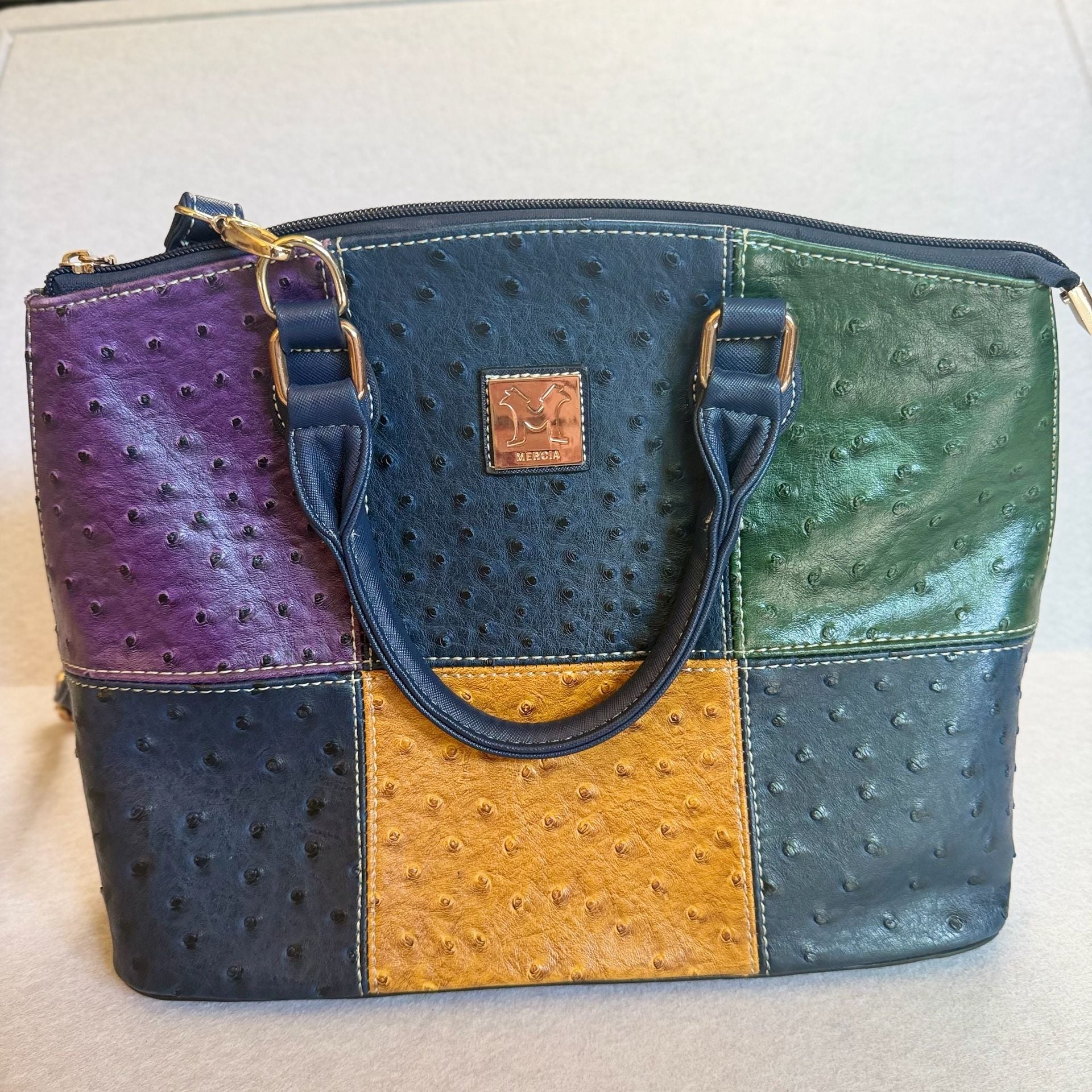 Mercia Multicolor Ostrich Embossed Patchwork Satchel Shoulder Bag New 2