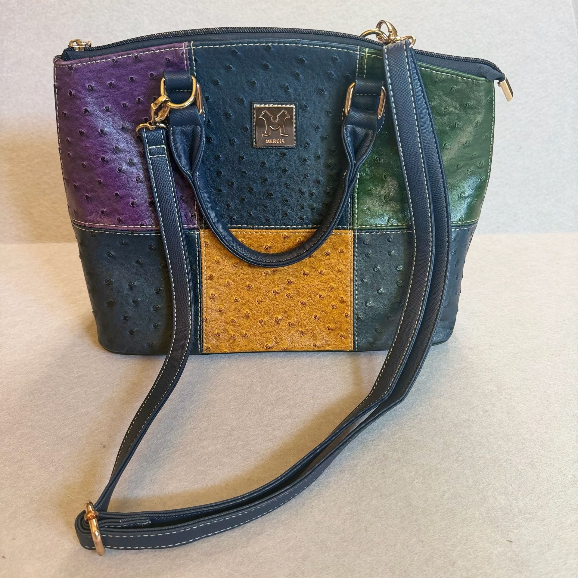 Mercia Multicolor Ostrich Embossed Patchwork Satchel Shoulder Bag New 4