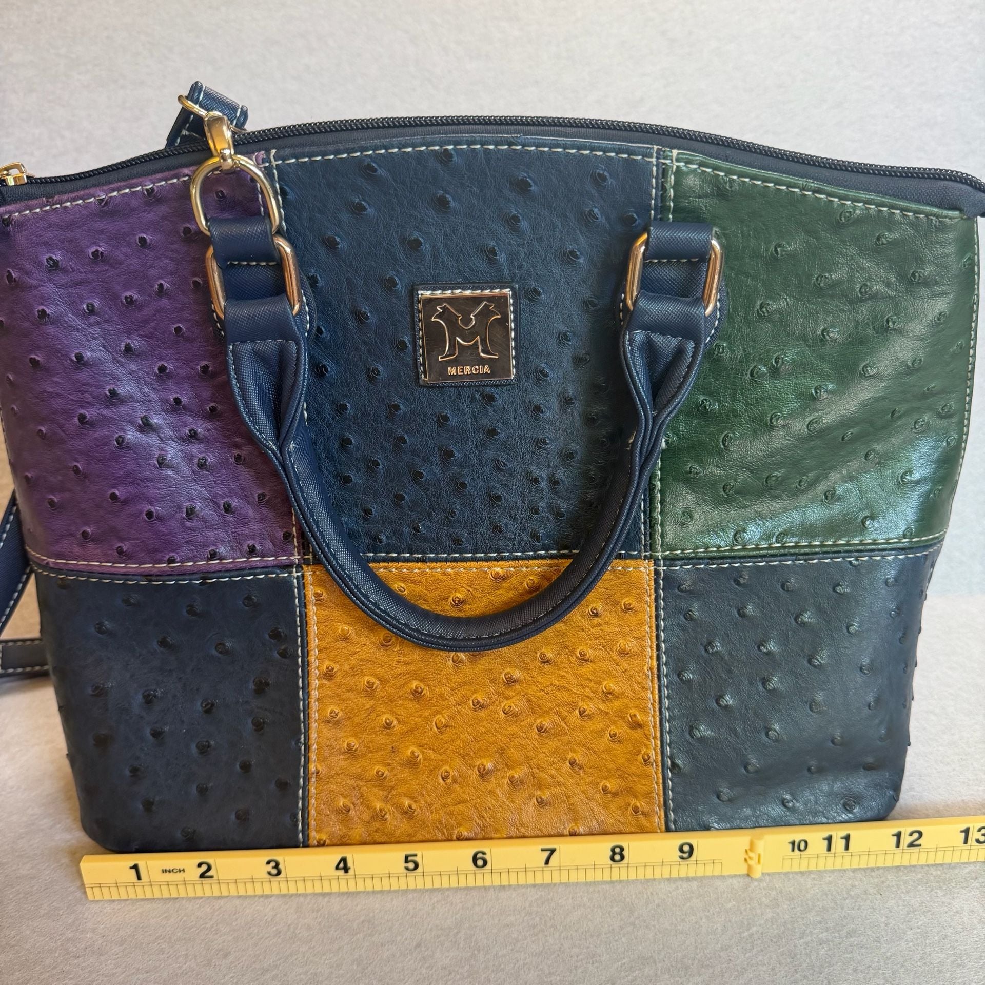 Mercia Multicolor Ostrich Embossed Patchwork Satchel Shoulder Bag New 7