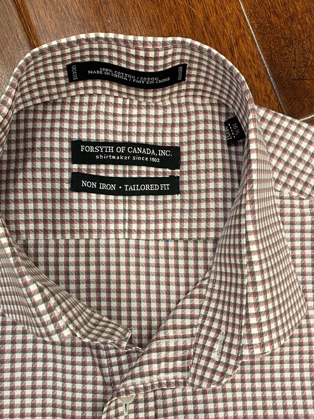 Forsyth Of Canada Dress Shirt Size 16.5 36/37 Burgundy Gingham Tailored Fit 7