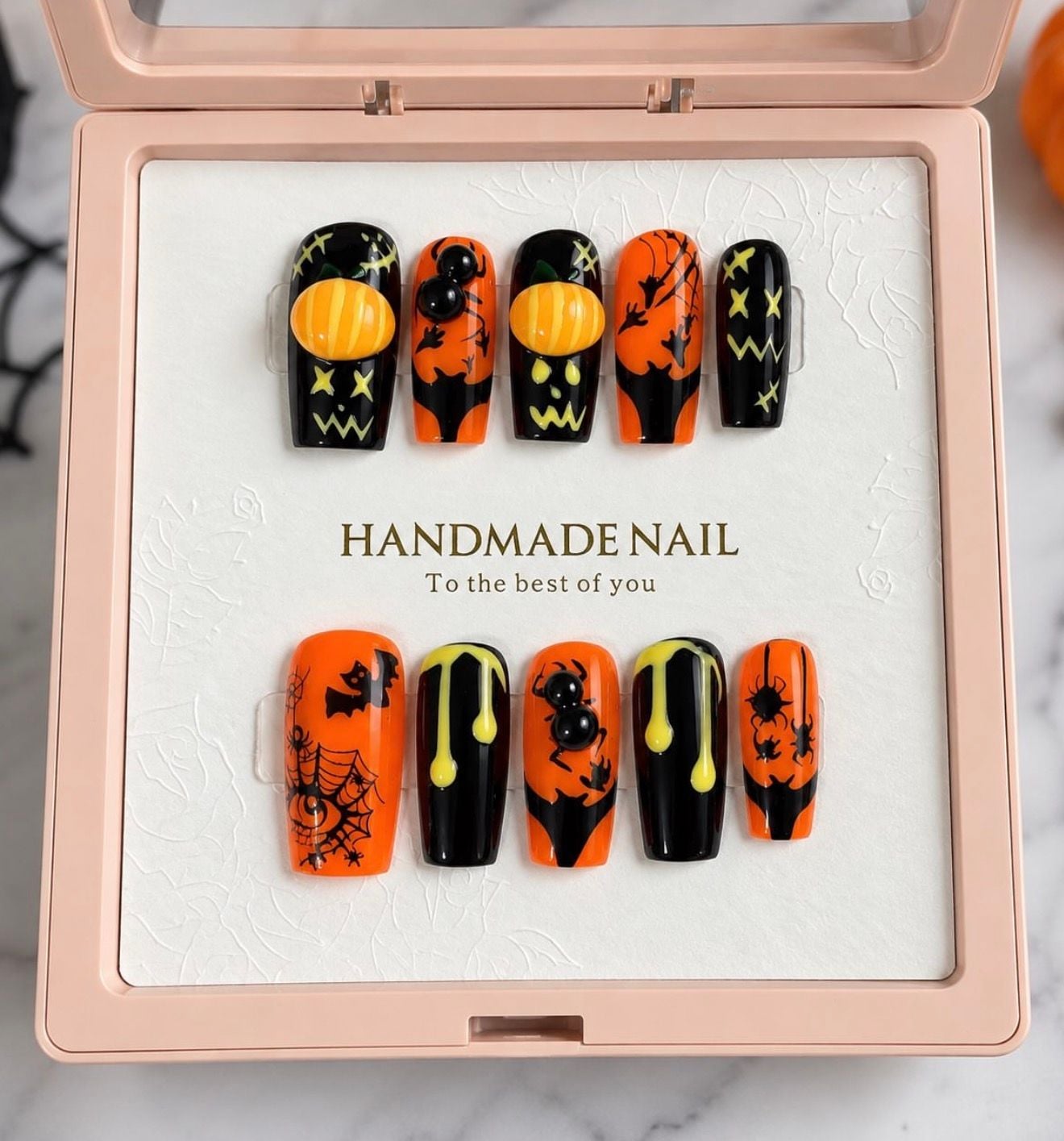 NV Luxe Handmade Halloween Reusable Press On Nails 3D Pumpkin Spider Art- Size Small 1