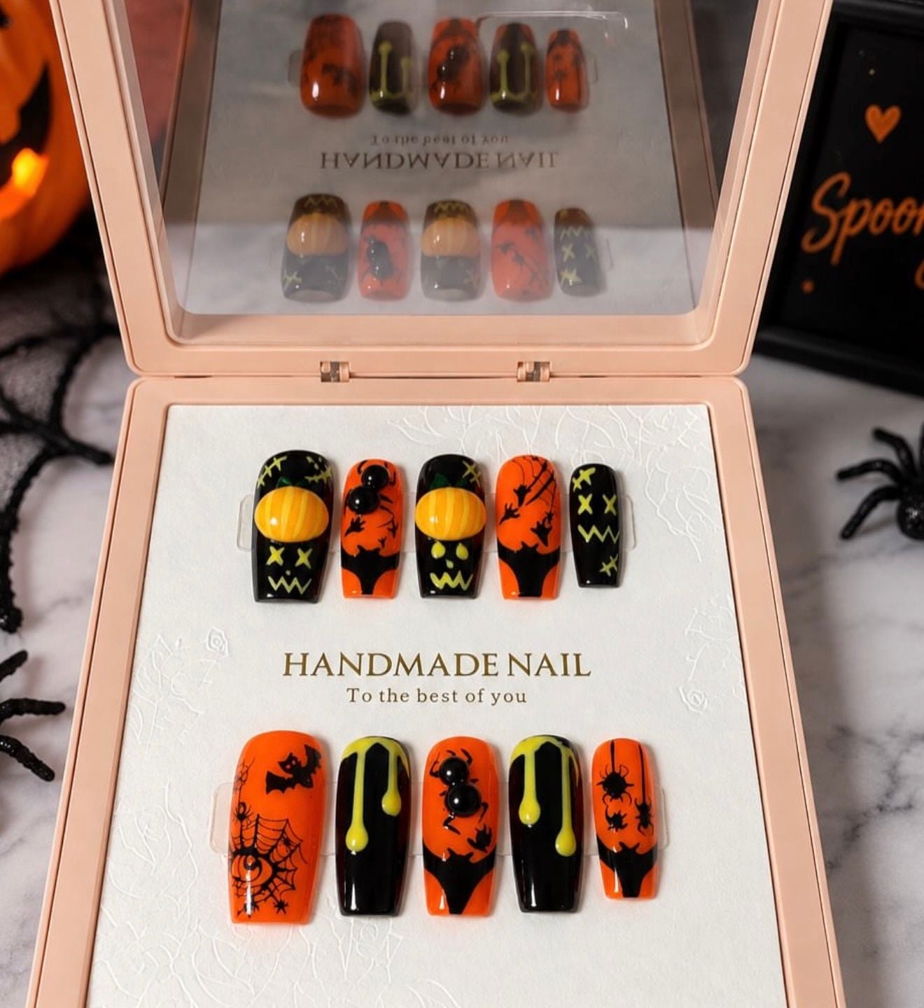 NV Luxe Handmade Halloween Reusable Press On Nails 3D Pumpkin Spider Art- Size Small 2