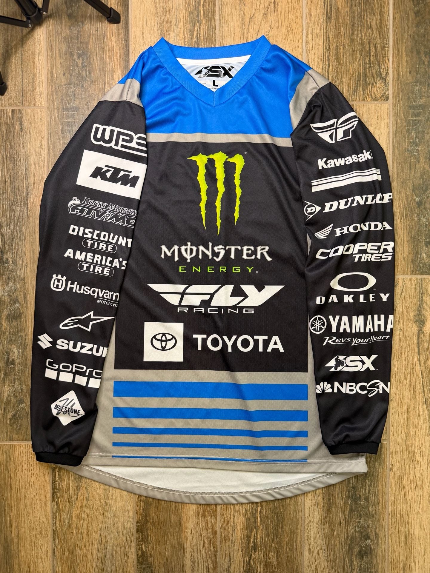 Monster Energy Fly Racing Motocross Jersey Black Blue Men L Dirtbike Moto X 3