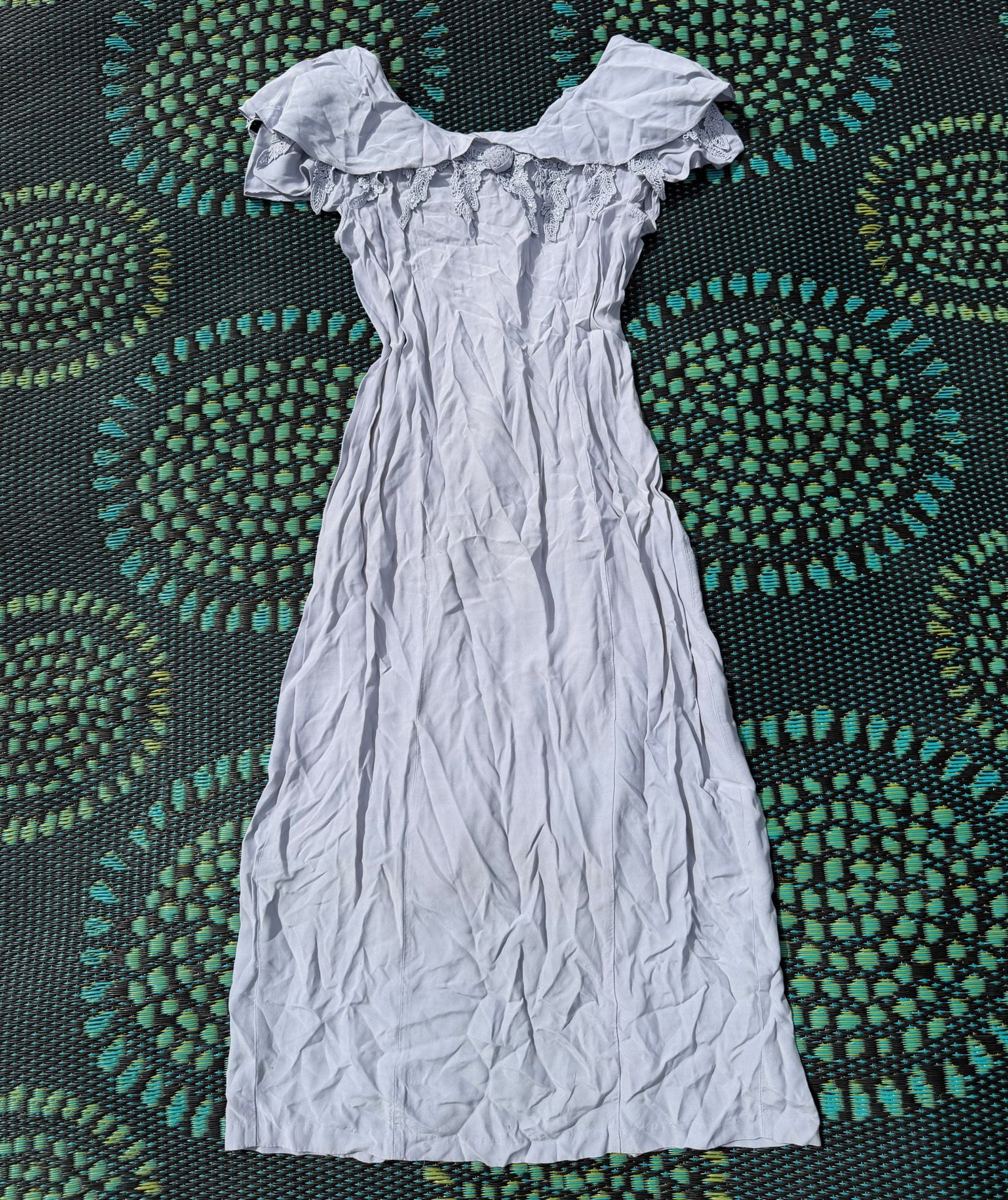 Styleworks Maxi Dress Size 14 Blue Rayon Lace Trim Ruffle Neck 1