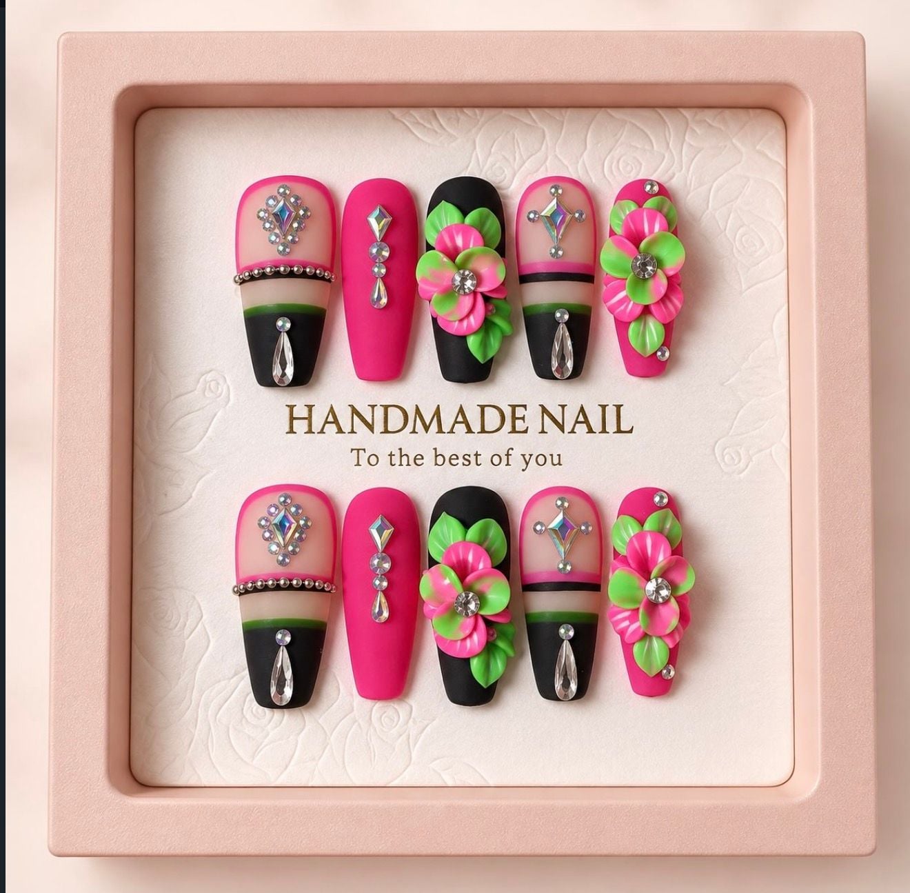 Handmade Reusable Press-On Nails 3D Pink Floral Green Leaves Rhinestones Coffin 1