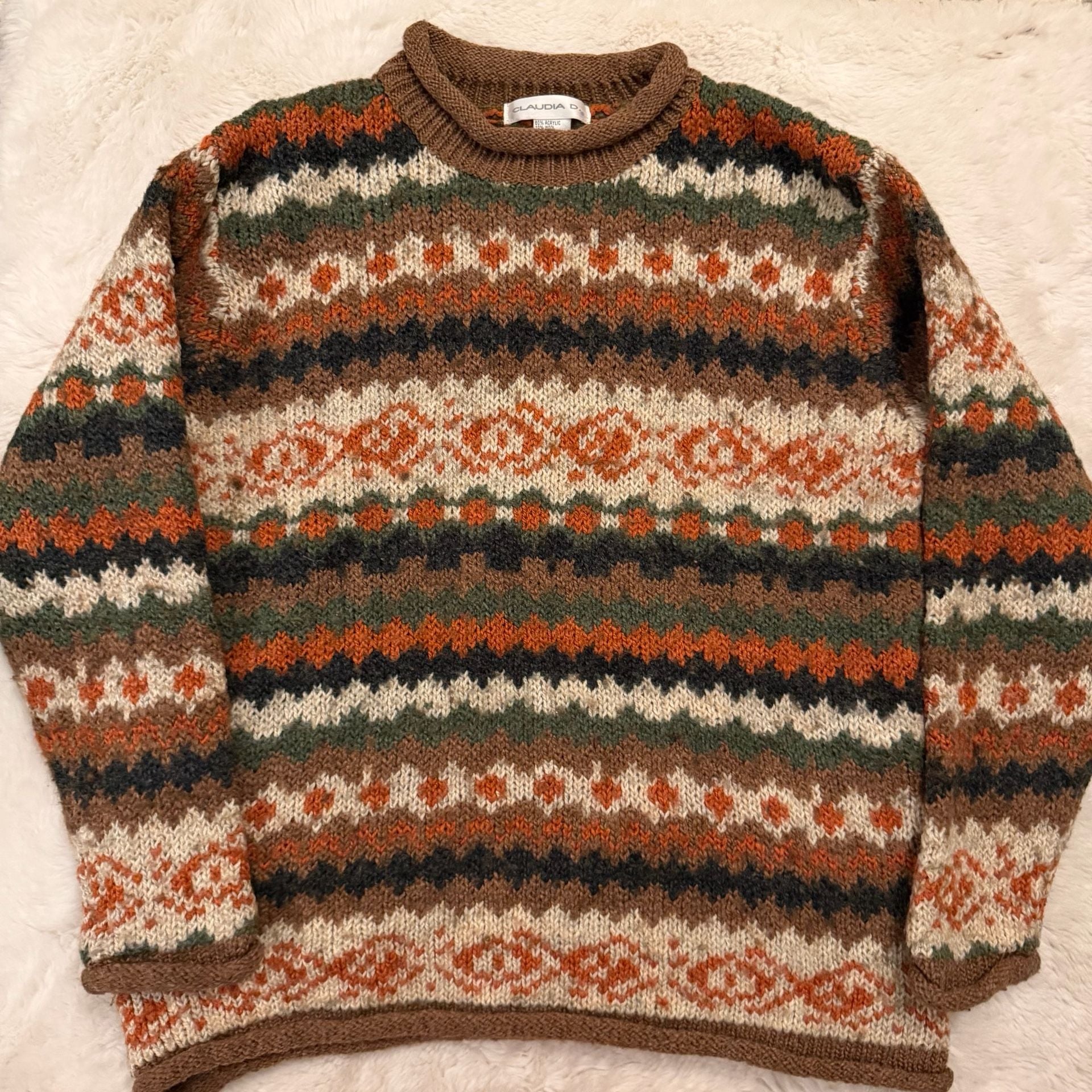 Claudia D. Fair Isle Pullover Sweater Size M Brown Multi Wool Blend 2