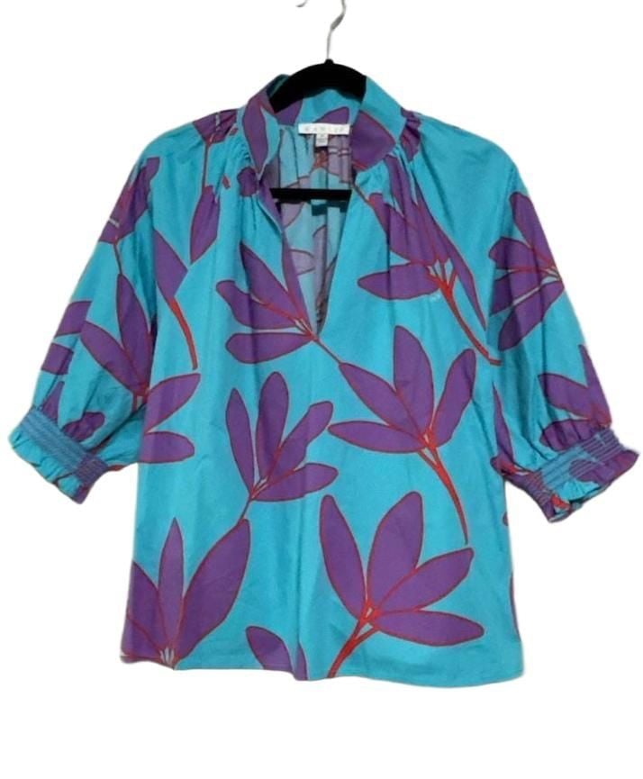 Karlie Floral Print Blouse Size S Blue Purple V-Neck Puff Sleeve Sz Small 2