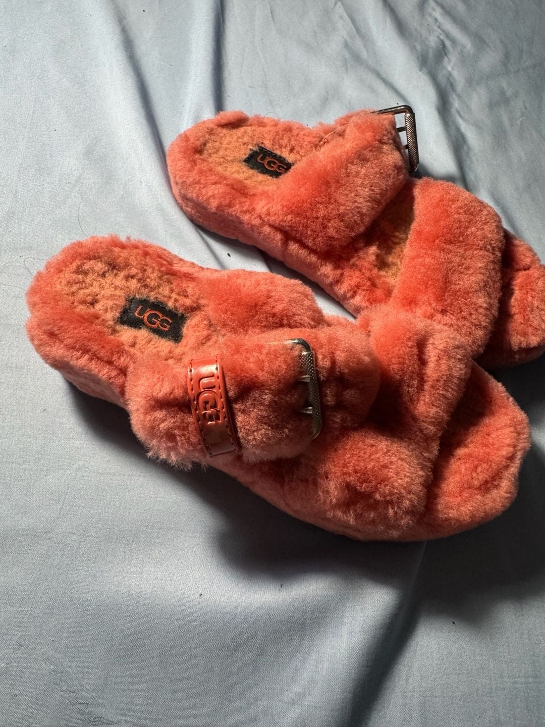 UGG Fluffita Slides Orange Fur Buckle Sandals 6