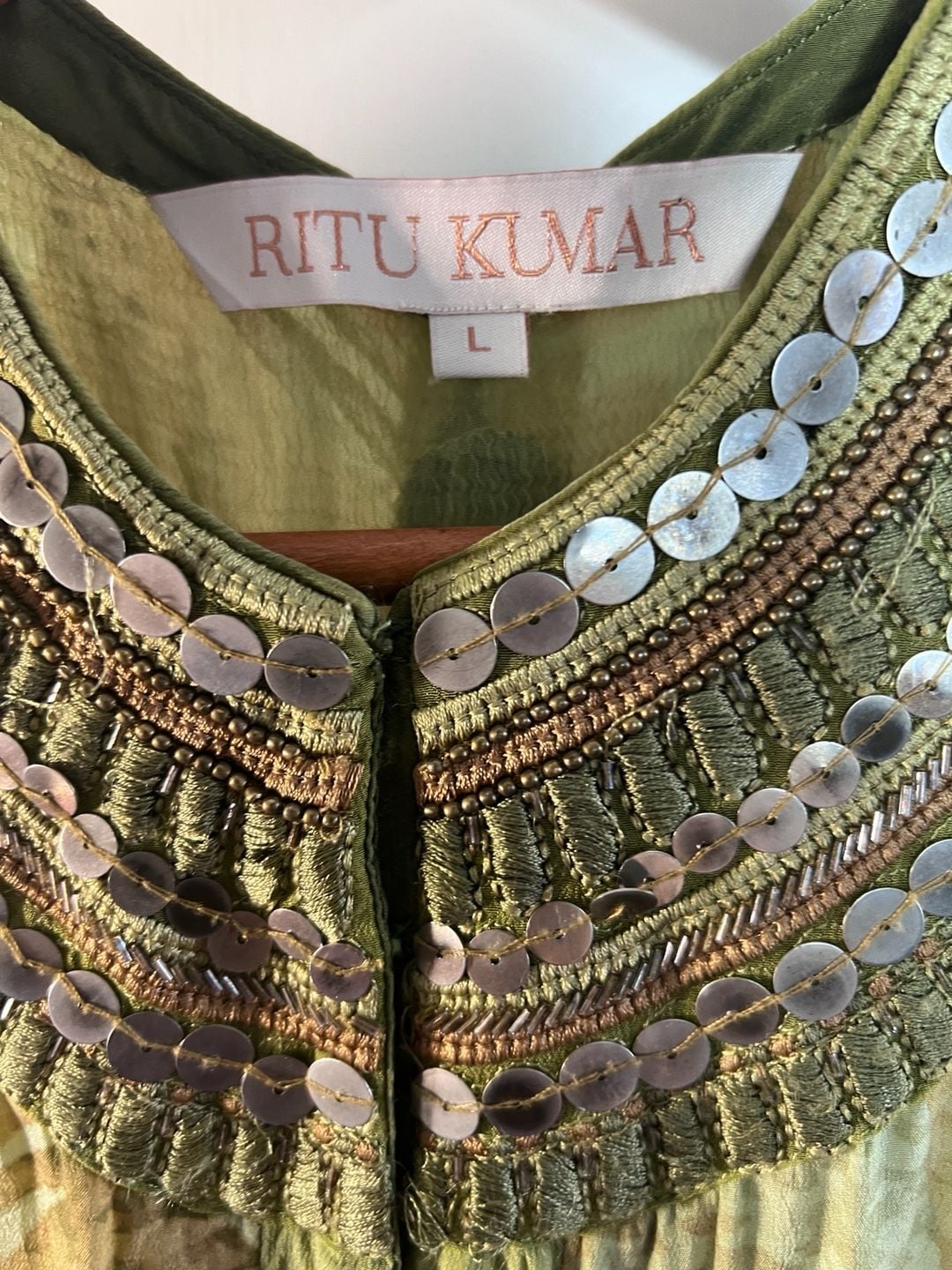 Ritu Kumar Size L Embellished Draped Maxi Dress Green Boho Ethnic Designer 8
