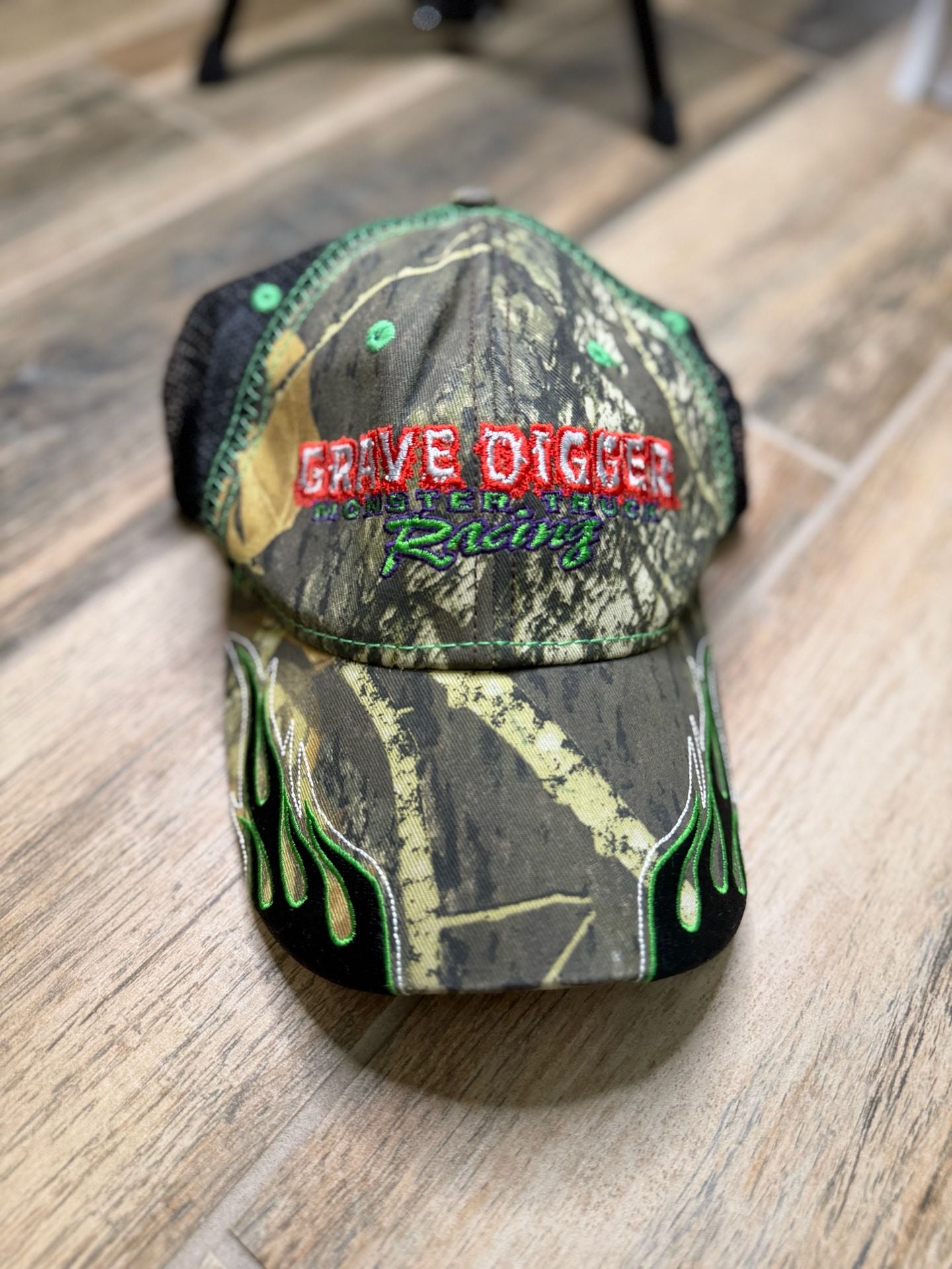 Monster Jam Grave Digger Racing Flames Camo Mesh Trucker Hat 3