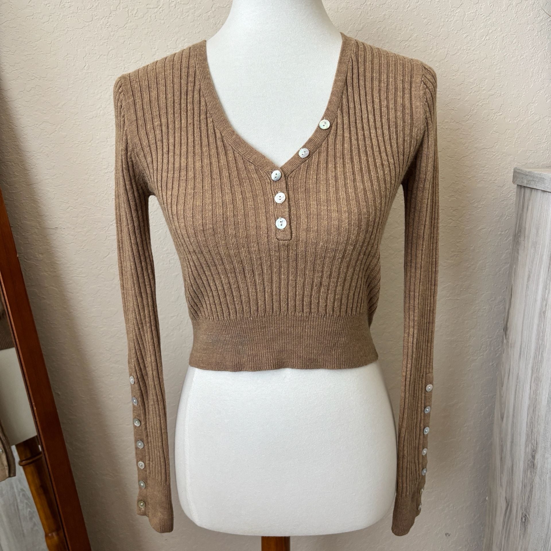 American Rag Cie Tan Brown Ribbed Button Front Long Sleeve Sweater Top Y2K Sz M 3