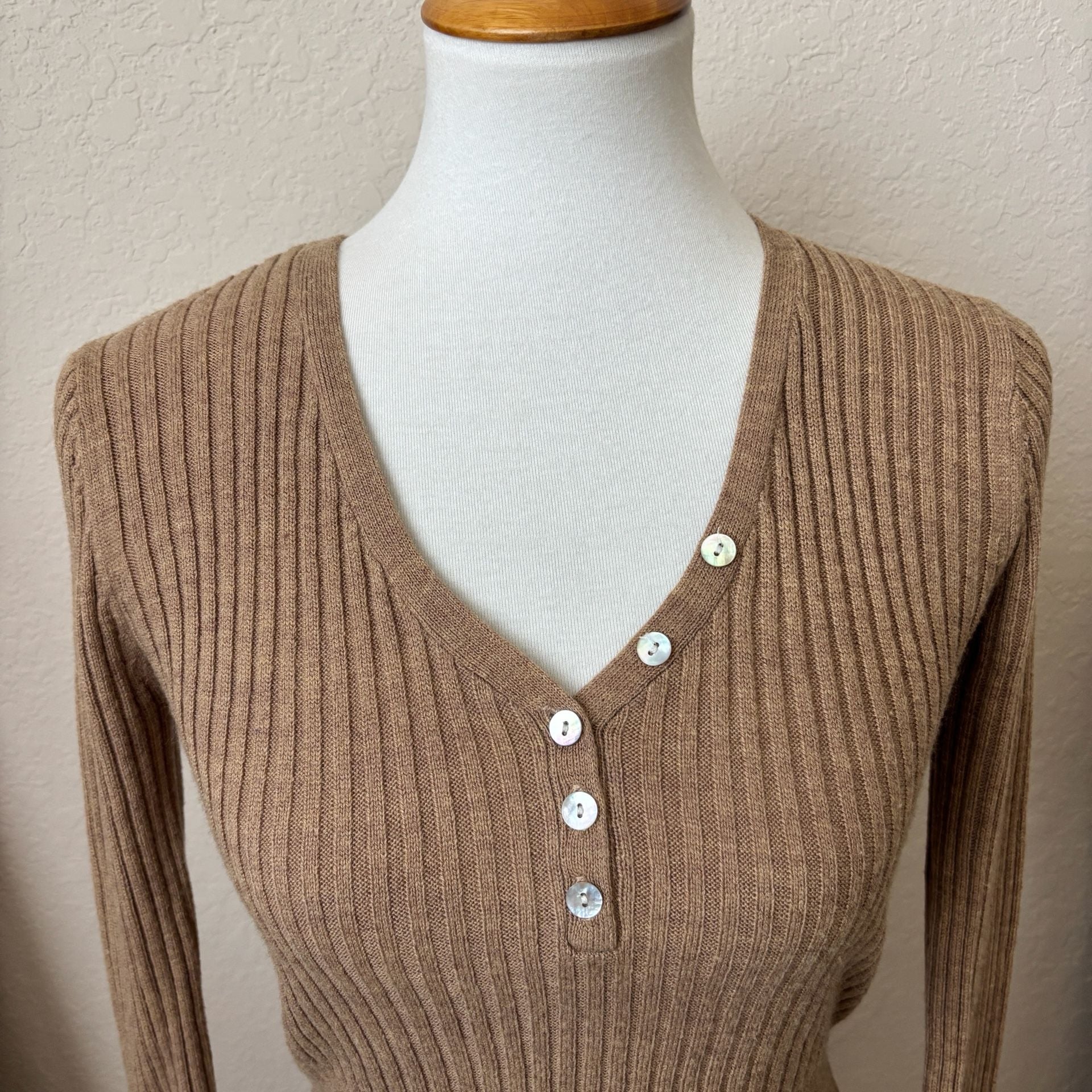 American Rag Cie Tan Brown Ribbed Button Front Long Sleeve Sweater Top Y2K Sz M 4