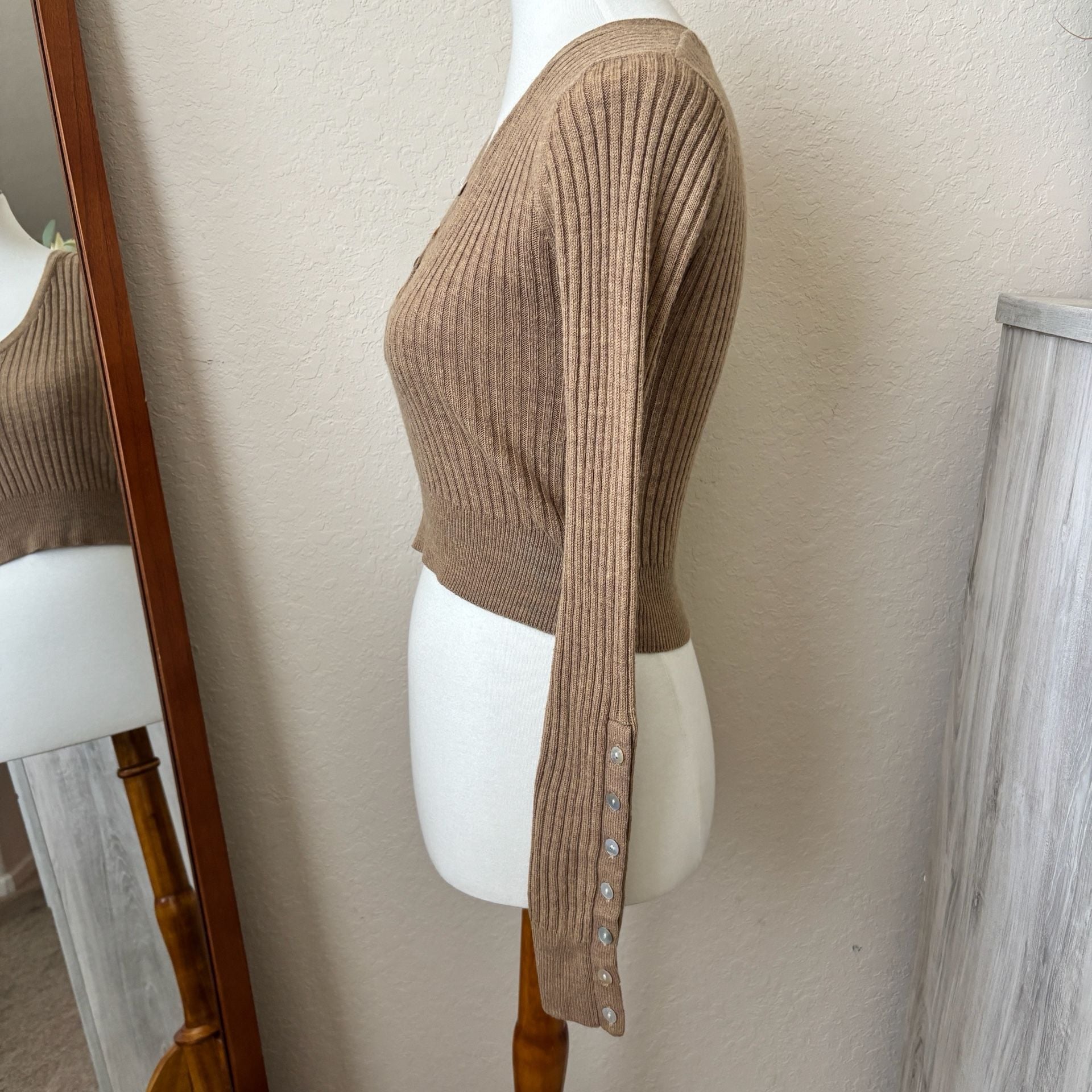 American Rag Cie Tan Brown Ribbed Button Front Long Sleeve Sweater Top Y2K Sz M 5