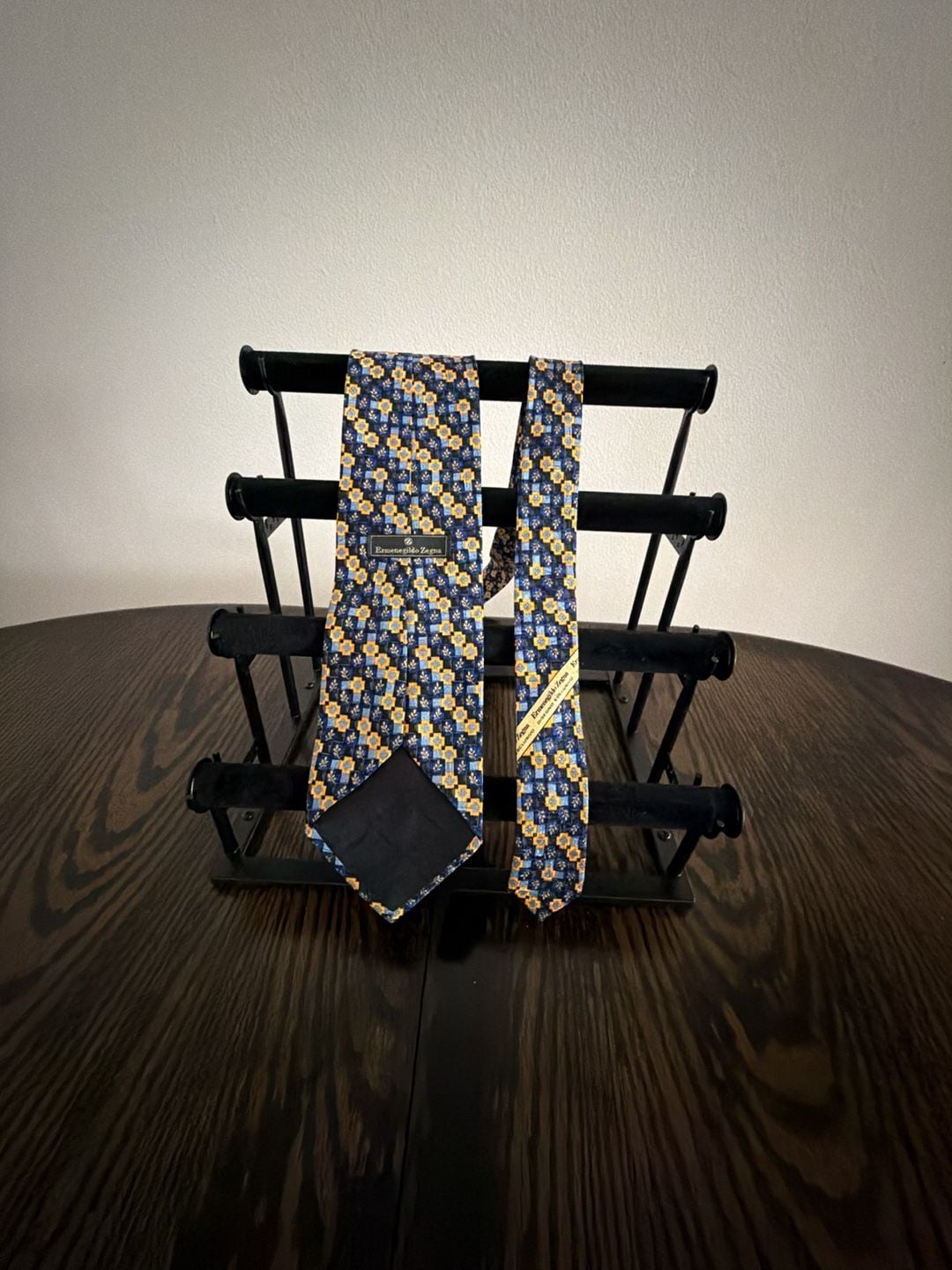 Ermenegildo Zegna Silk Geometric Tie Blue Yellow Pattern 2