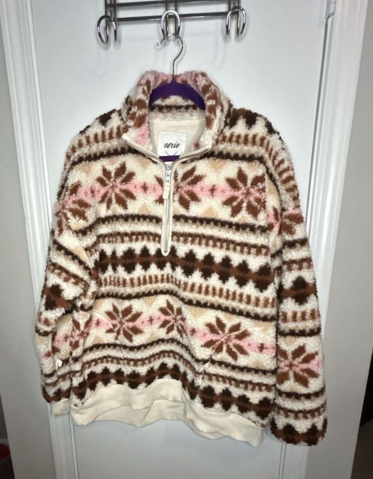 Aerie Hometown Holiday 1/4 Zip Sherpa Pullover Size M 2