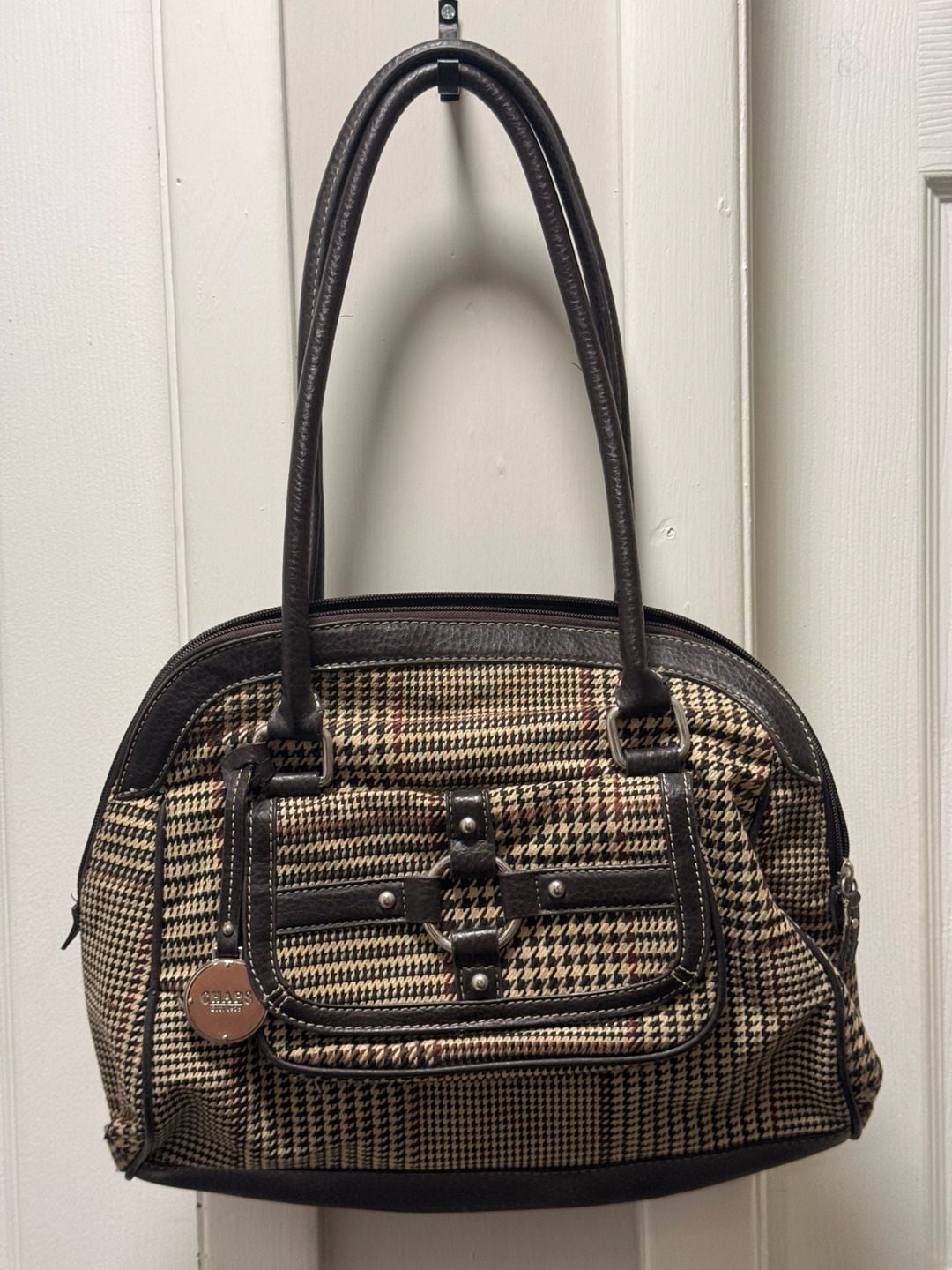 Chaps Houndstooth Shoulder Bag Brown Plaid Purse 2