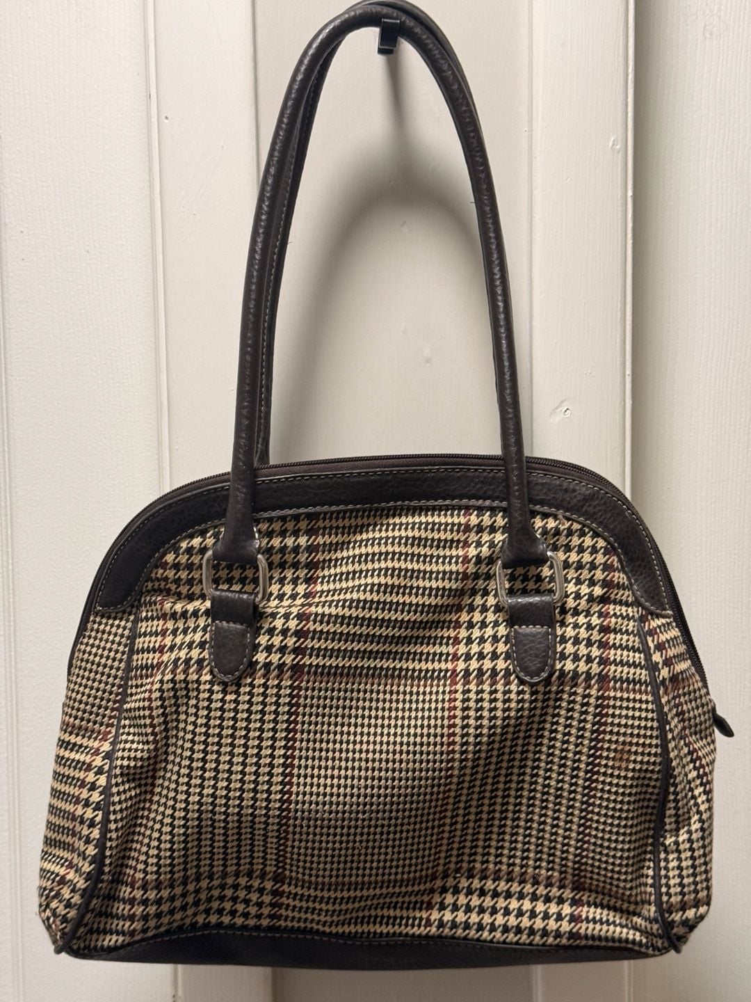 Chaps Houndstooth Shoulder Bag Brown Plaid Purse 5