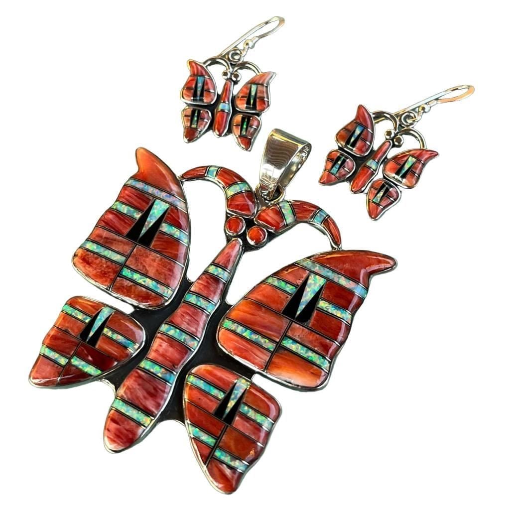 KS Sterling Silver Spiny Oyster Opal Inlay Butterfly Pendant & Earring Set 5