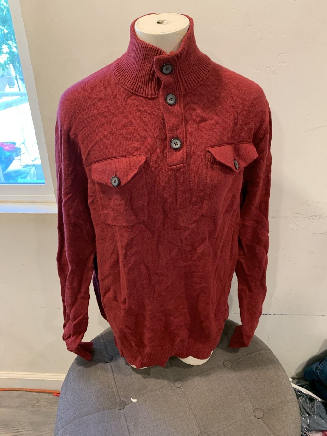 Banana Republic Mock Neck Henley Sweater Size L Red Button Pocket Pullover 2