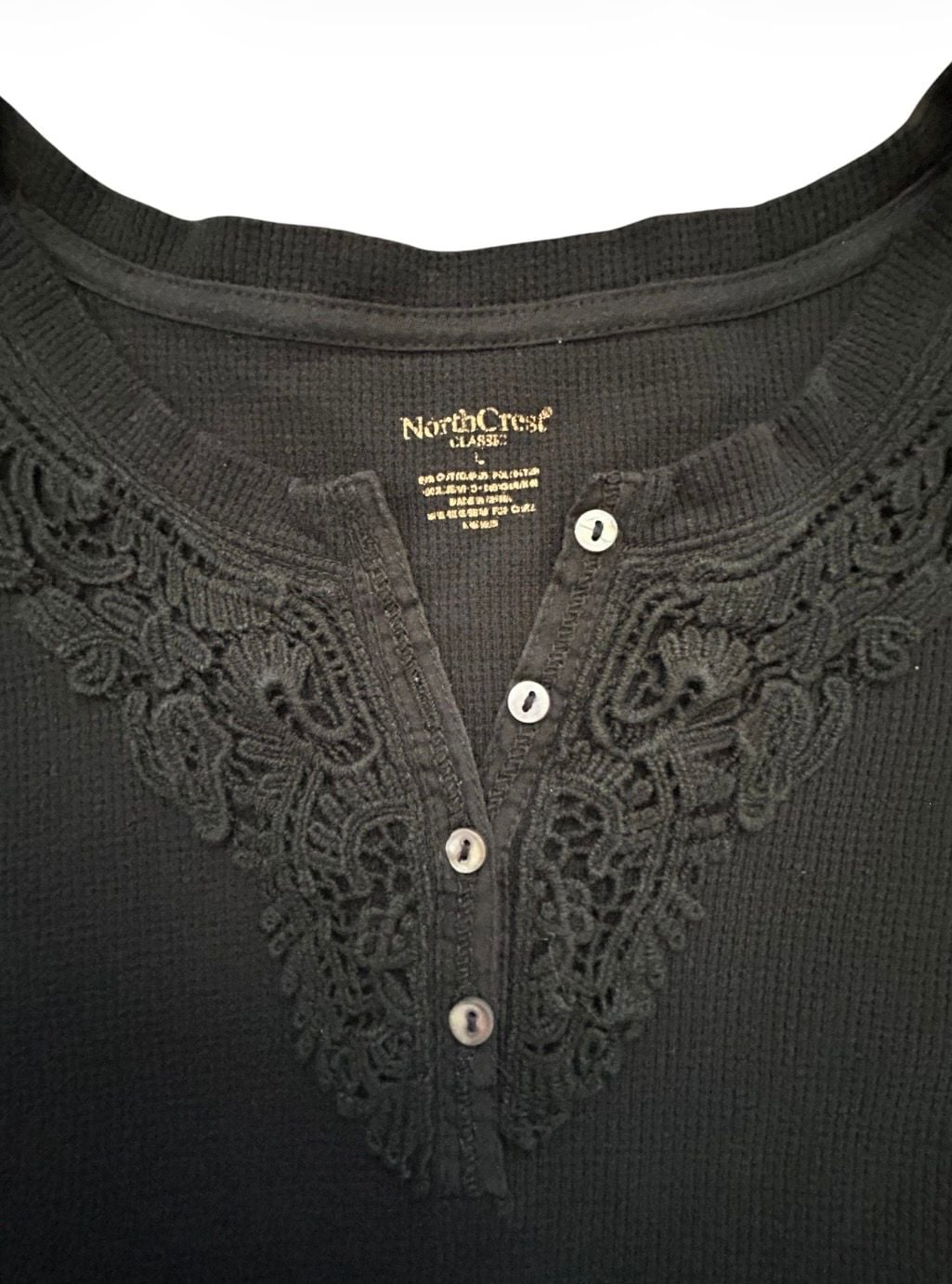 NorthCrest Classic Thermal Henley Size L Black Long Sleeve Lace Trim 4