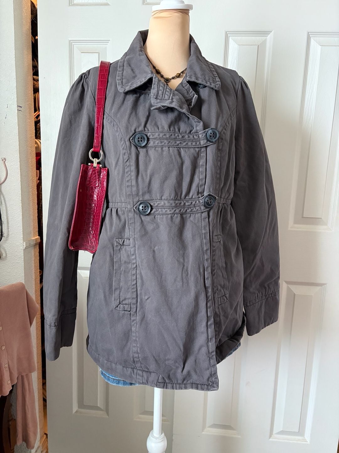 Vintage Y2K Early 2000s Aeropostale Cotton Twill Double Breasted Coat Grey Quilted Lining Beauty 3