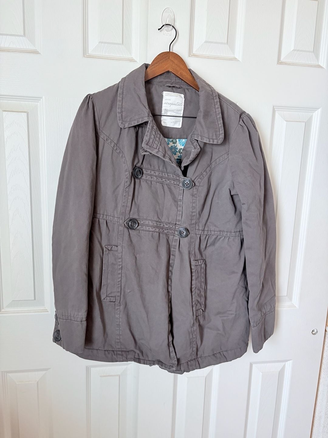Vintage Y2K Early 2000s Aeropostale Cotton Twill Double Breasted Coat Grey Quilted Lining Beauty 5
