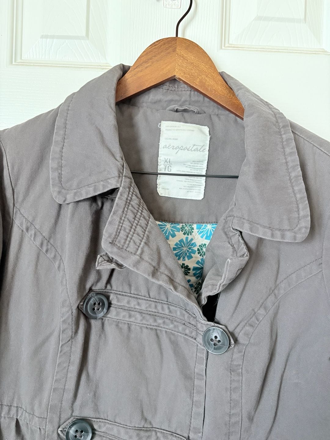 Vintage Y2K Early 2000s Aeropostale Cotton Twill Double Breasted Coat Grey Quilted Lining Beauty 6