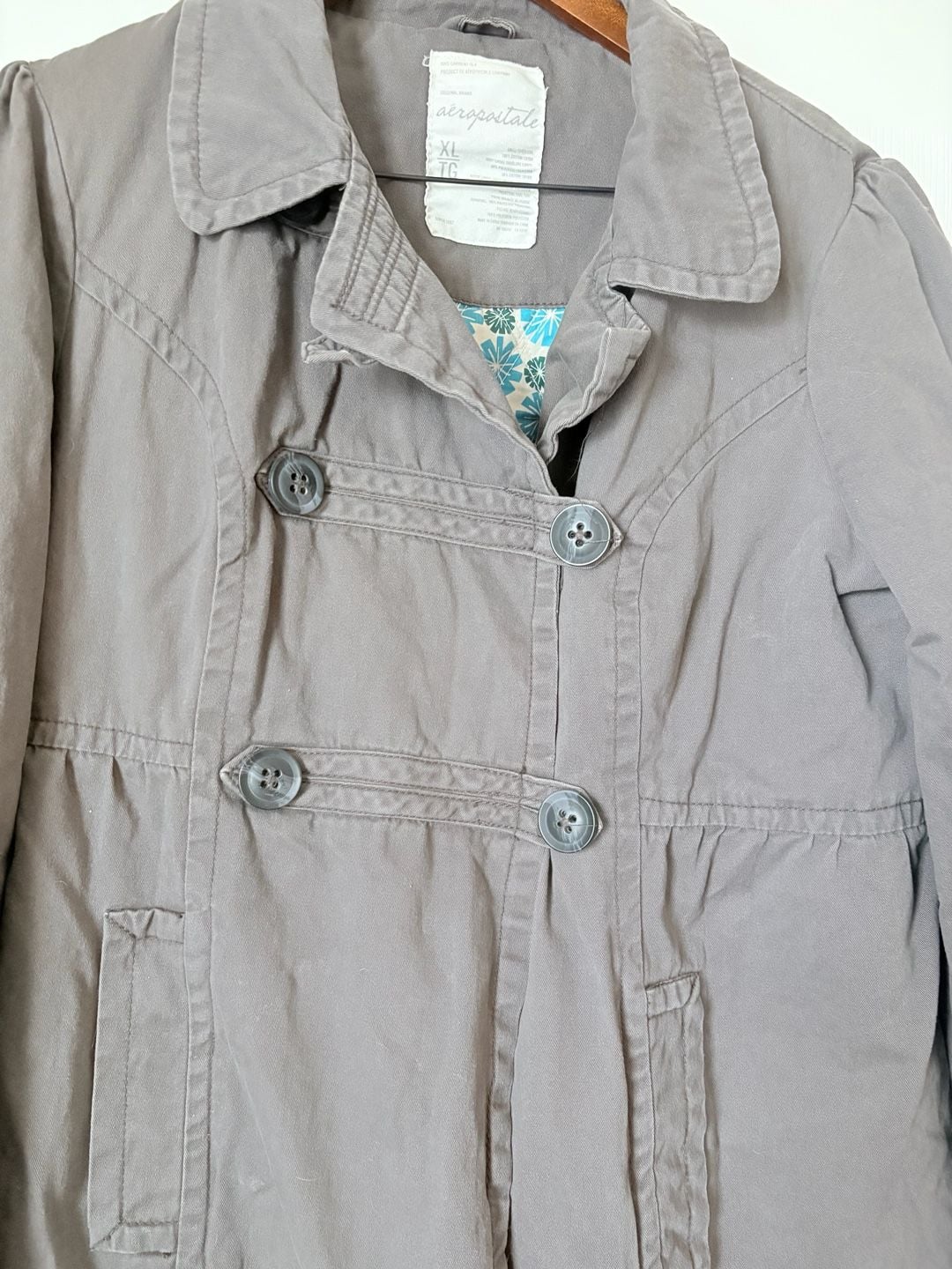 Vintage Y2K Early 2000s Aeropostale Cotton Twill Double Breasted Coat Grey Quilted Lining Beauty 7