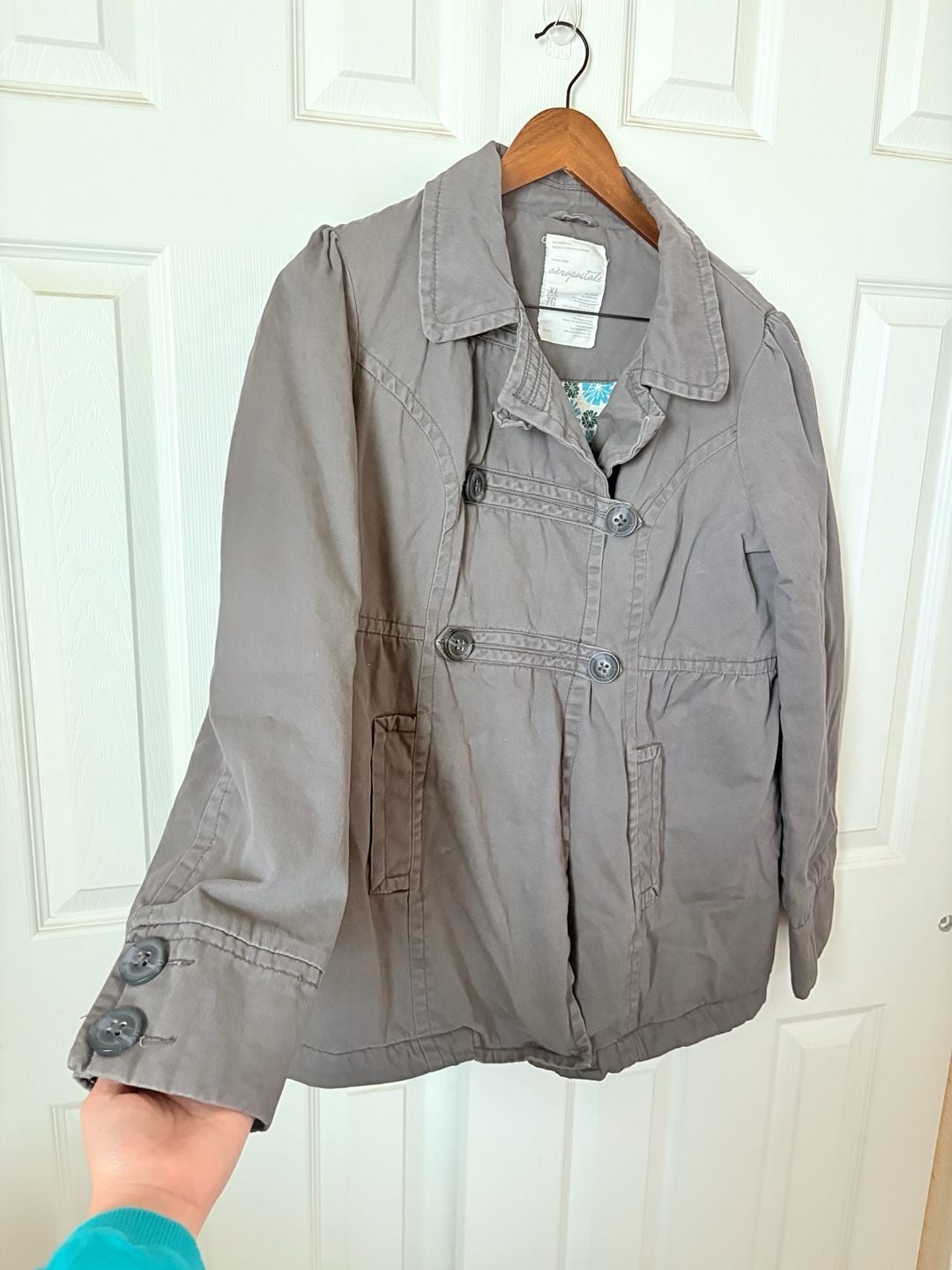 Vintage Y2K Early 2000s Aeropostale Cotton Twill Double Breasted Coat Grey Quilted Lining Beauty 8