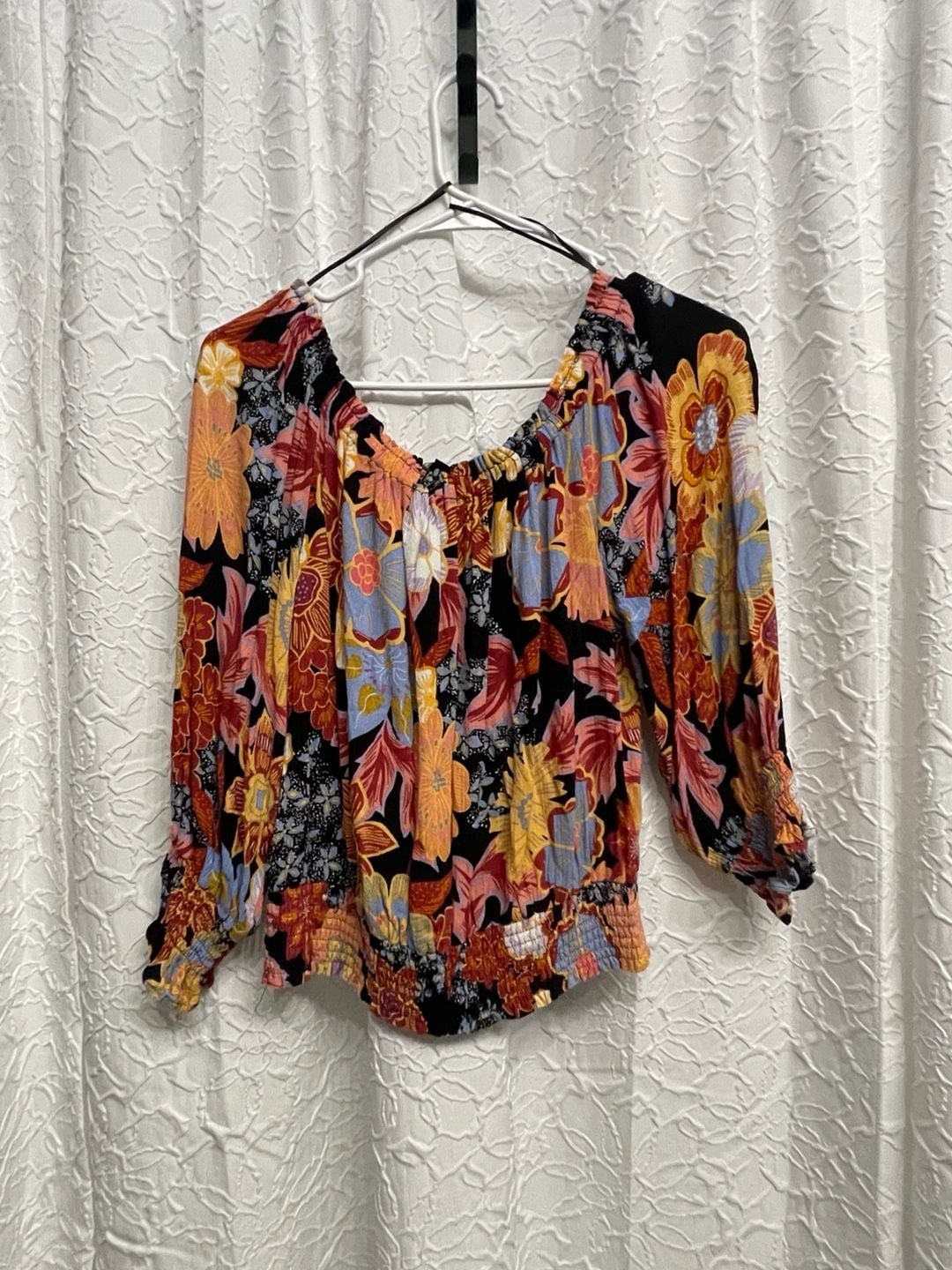Rachel Zoe Floral Off Shoulder Smocked Blouse Top Large Boho Festival Chic 2