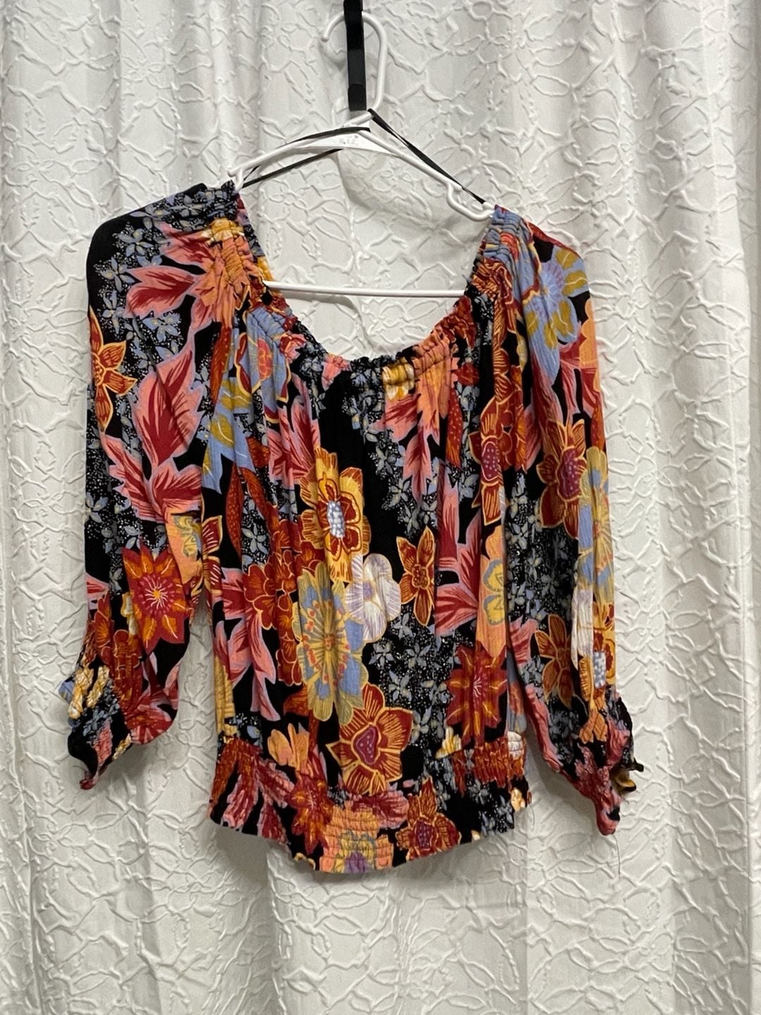 Rachel Zoe Floral Off Shoulder Smocked Blouse Top Large Boho Festival Chic 3