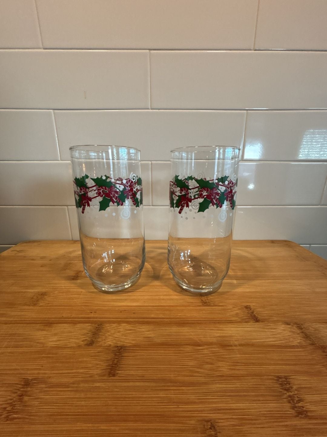 Anchor Hocking Candy Cane Holly Christmas Tumbler Glass Set of 2 1
