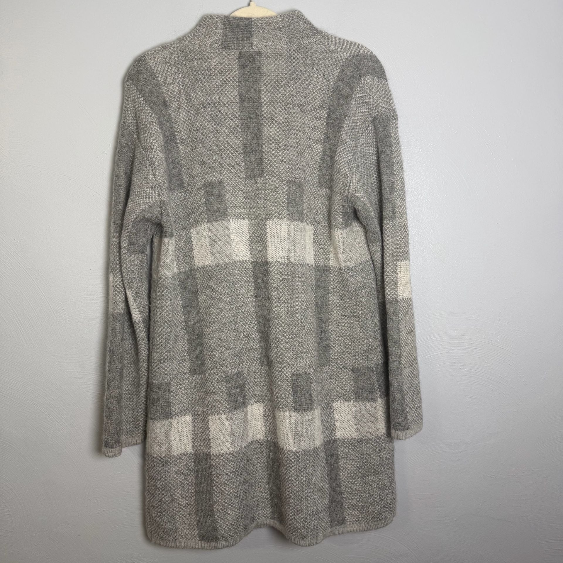 Dolce Stella Long Cardigan Sweater Size L Gray Plaid Wool Blend 3