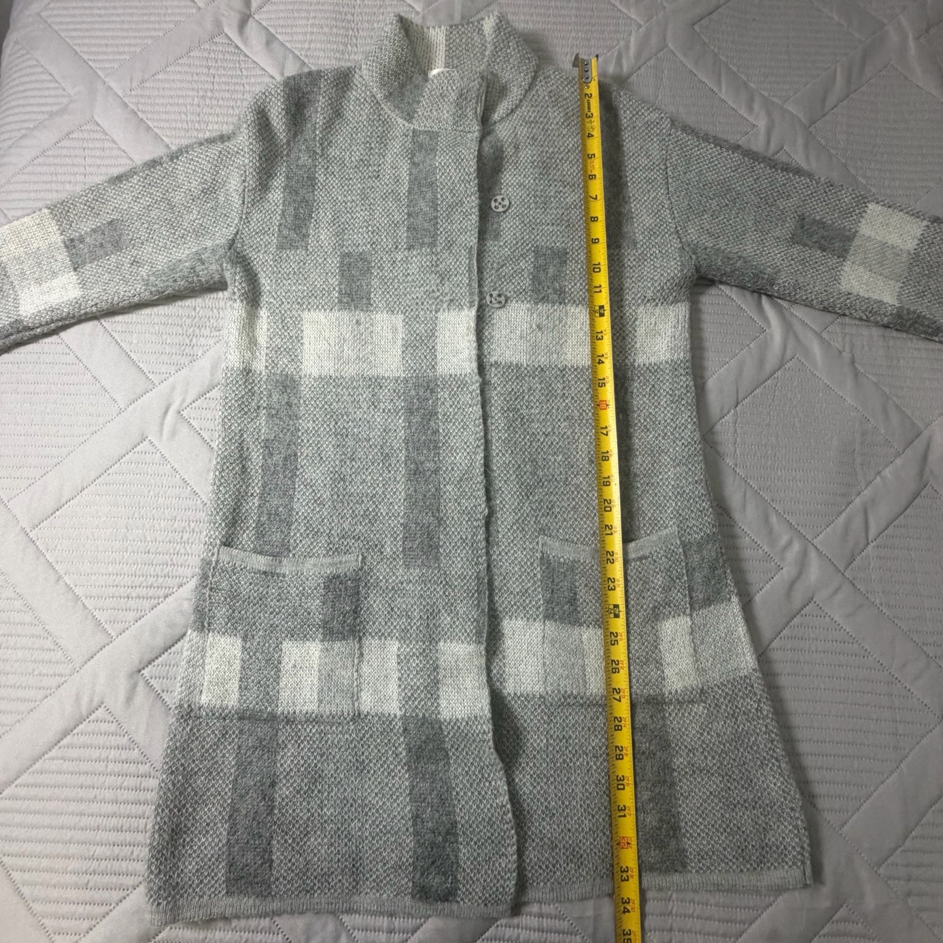 Dolce Stella Long Cardigan Sweater Size L Gray Plaid Wool Blend 5