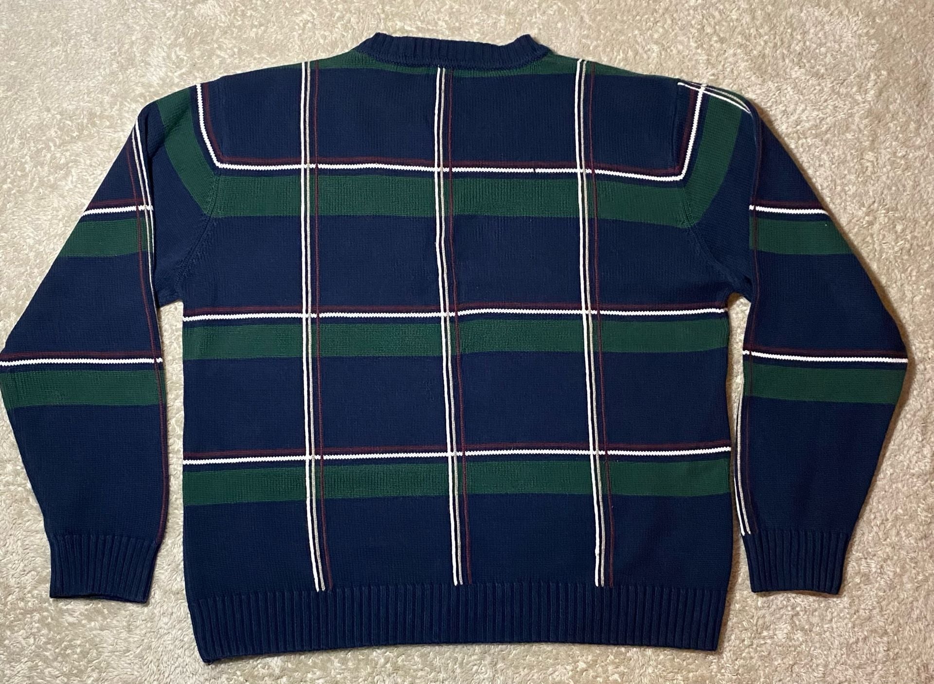 90s Vintage Dockers Windowpane Plaid Cotton Sweater Size L Navy Green Crewneck 3