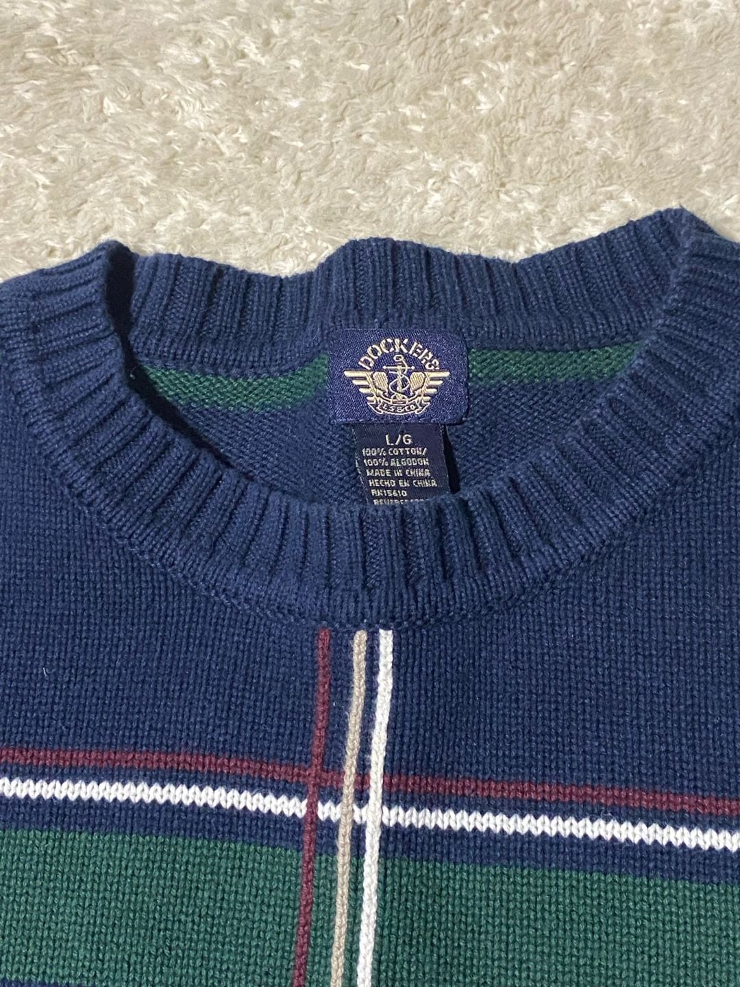 90s Vintage Dockers Windowpane Plaid Cotton Sweater Size L Navy Green Crewneck 4